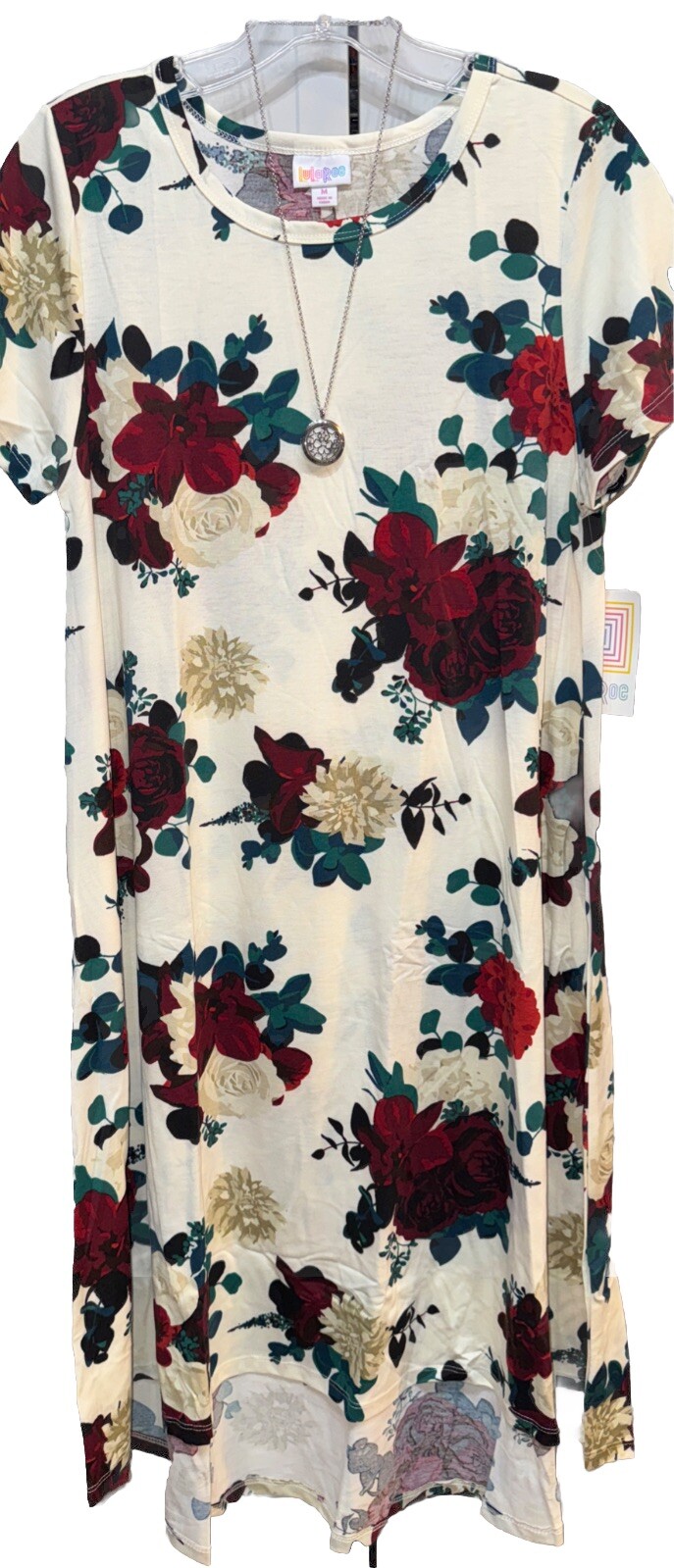 NWT LuLaRoe Medium White Cream Tan Deep Red Green Floral Carly Swing Dress