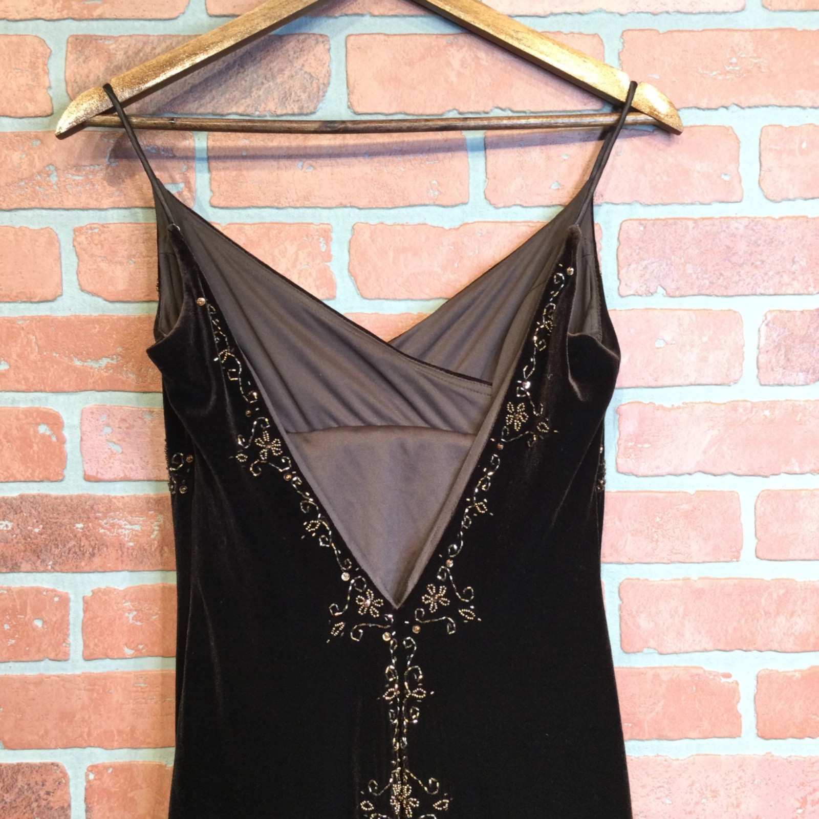 90s Y2K Dave & Johnny Brown Evening Dress 3/4 Beaded Babydoll Spaghetti Strap