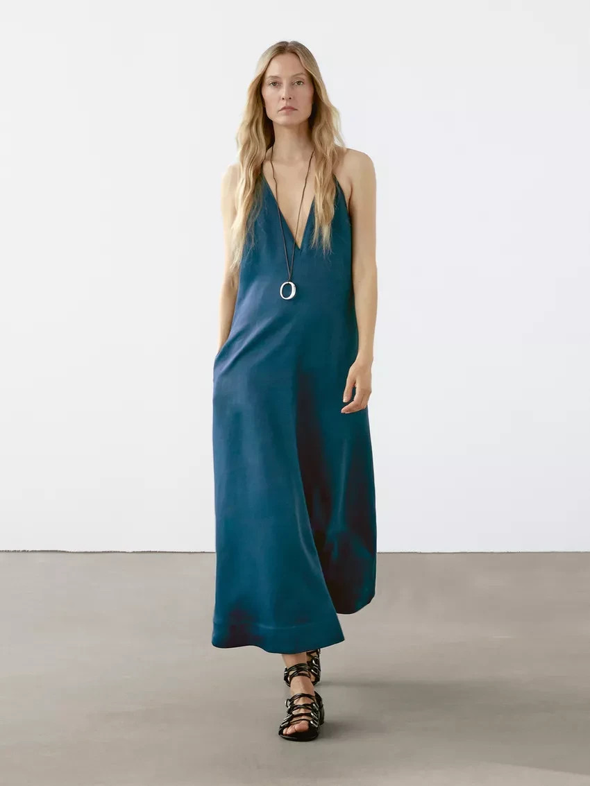Massimo Dutti Womens Dress EU 38 US 6 Blue Midi Flowing Vneck 6697/595 NWT