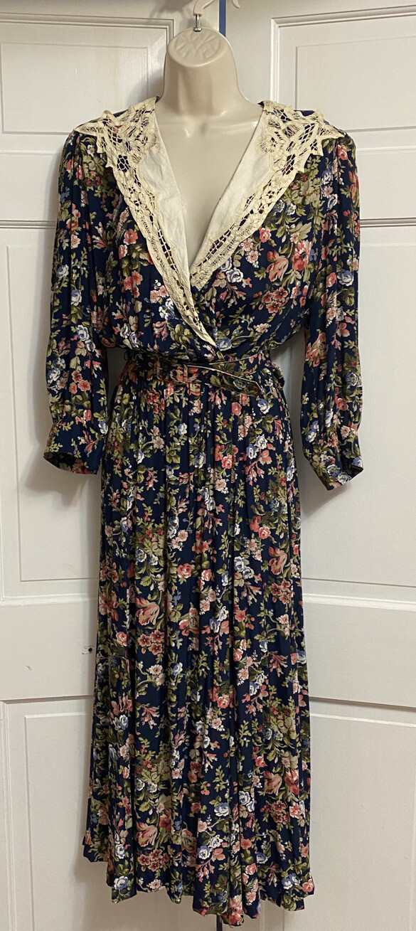 Vintage 80s Jane Singer Dress Size 10 Midi Floral Cottage Lace Collar Belted USA