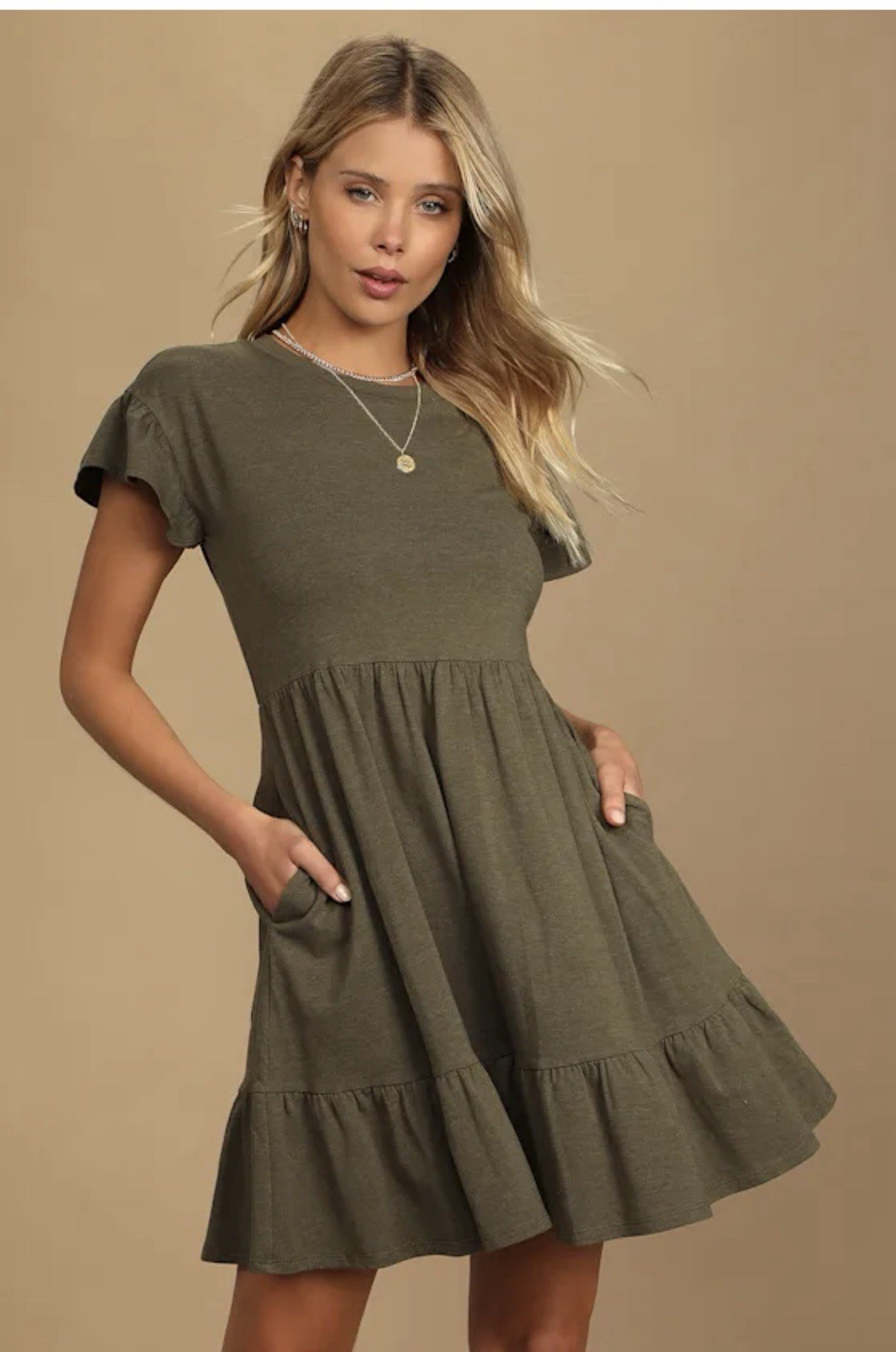 Lulus Sweetest Style Olive Green Tiered Babydoll Dress SMALL