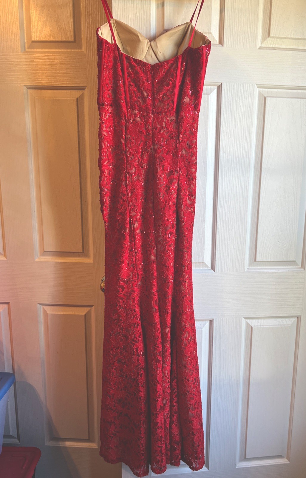 Galina Signature Red Sequin Lace Corset Maxi Dress Slit Prom Formal Gown Size 4