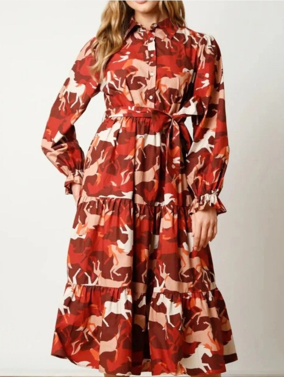 Fantastic Fawn Horse Print Midi Dress Sz XL Cotton Western Prairie Cottagecore