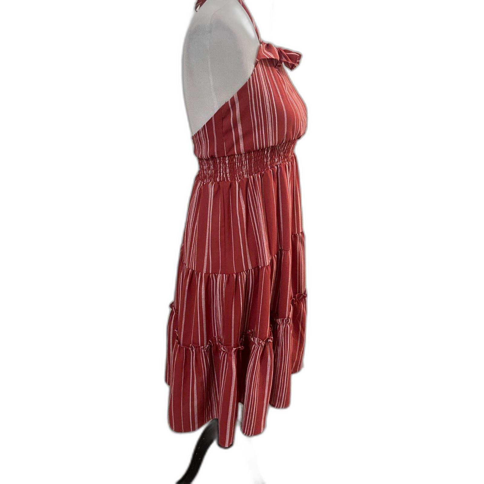 ONE CLOTHING Halter Backless Summer Dress Red & White Striped Gathered Waist S