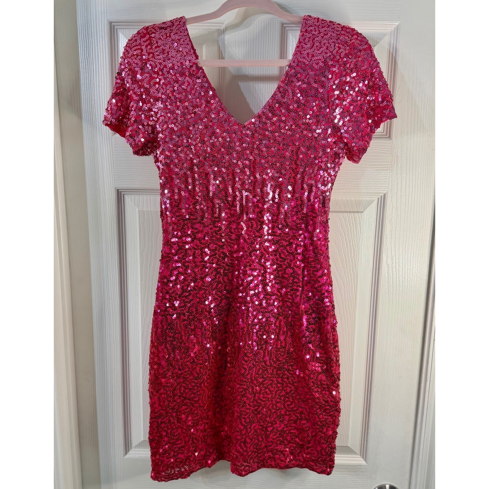 PrettyGuide Pink Ombre Sequin Mini Dress V-Neck Short Sleeve Party Dress Size S