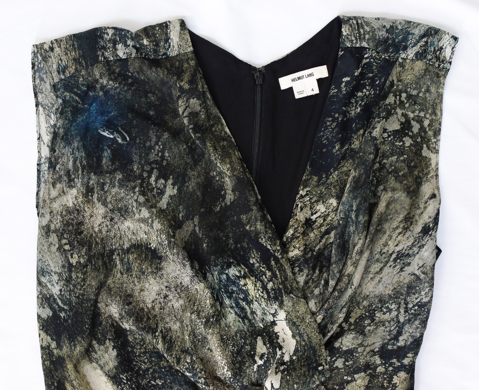 Helmut Lang Silk Twist Front Abstract Dress Green Black Sz 4 Raven Print Sateen