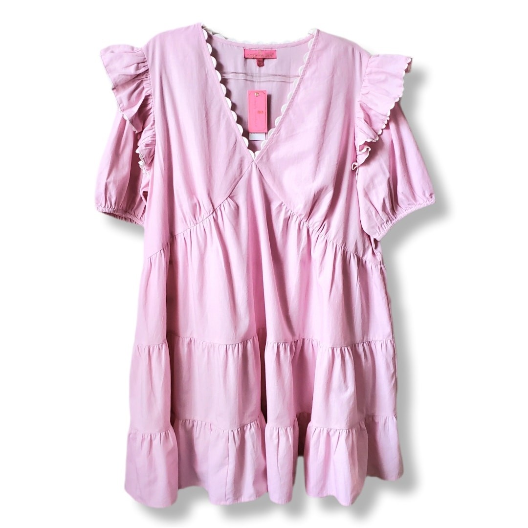 Simply Southern Tiered Pink Mini Dress L Cottagecore Feminin Lolita Babydoll NEW