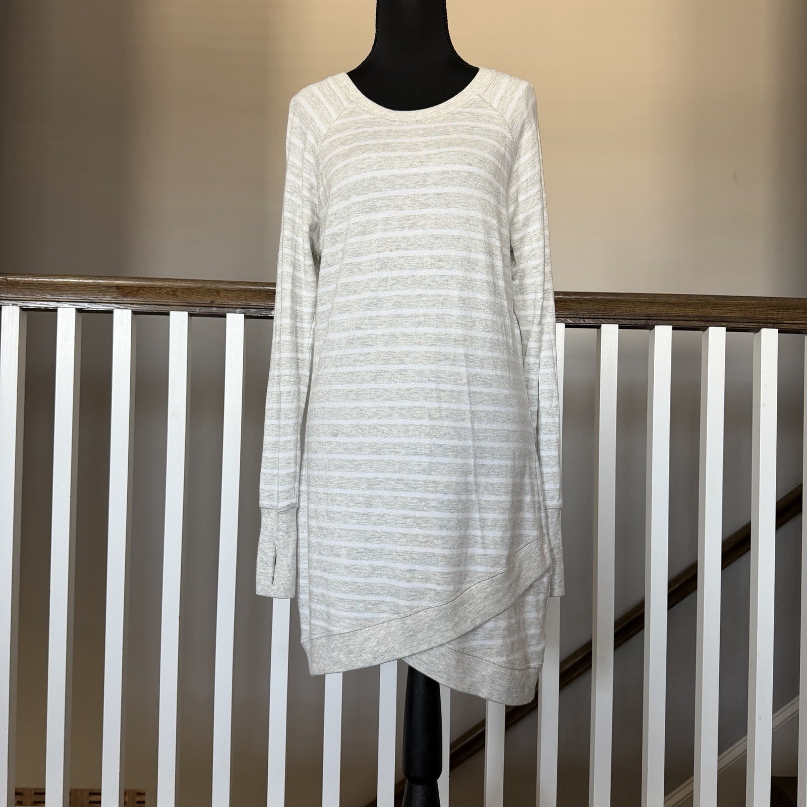 Athleta Stripe Criss Cross Front Sweatshirt Dress Modal Grey White Stripe Small