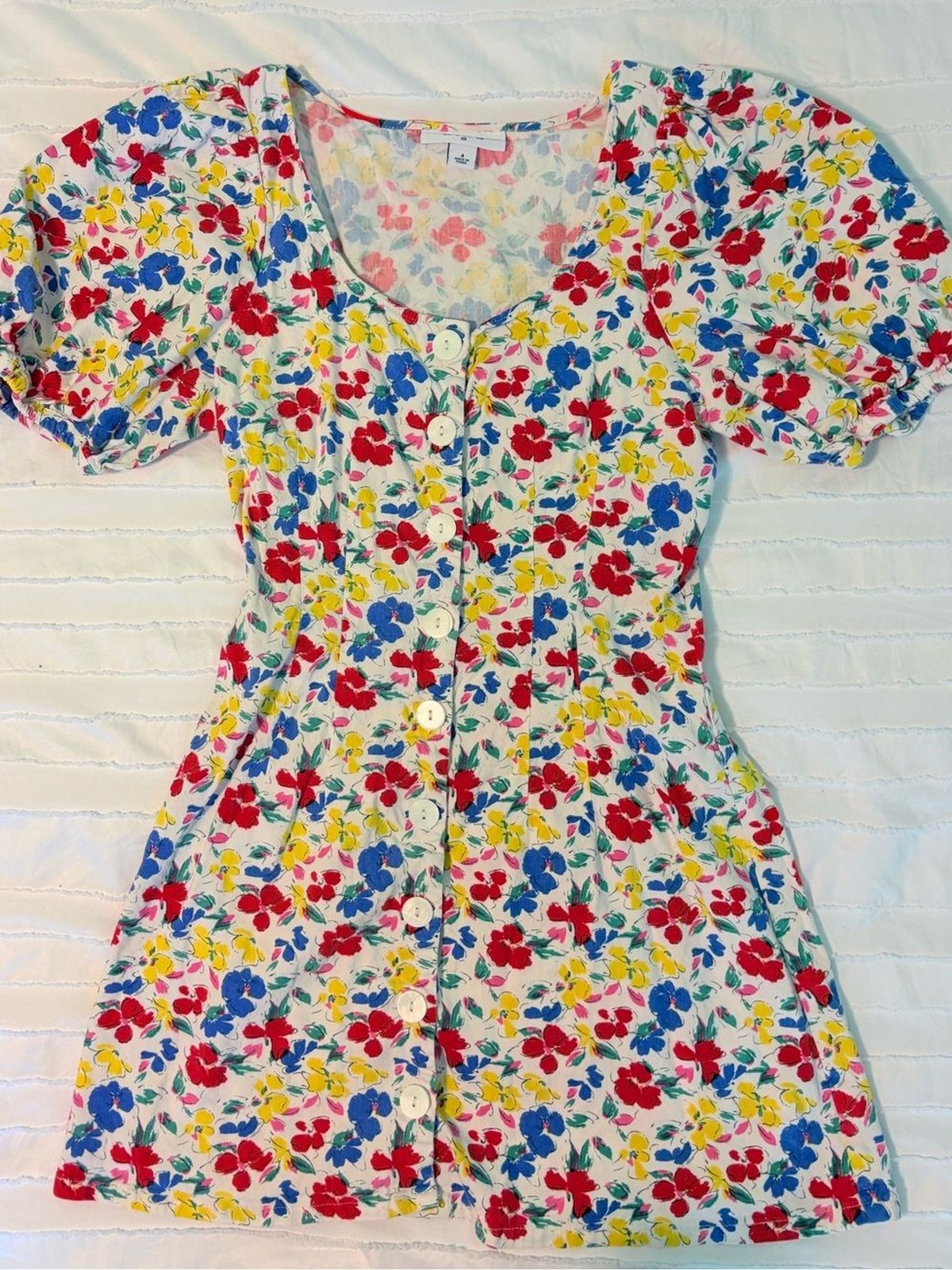 Floral Button-Front Summertime Mini Dress in Red, Blue & Yellow