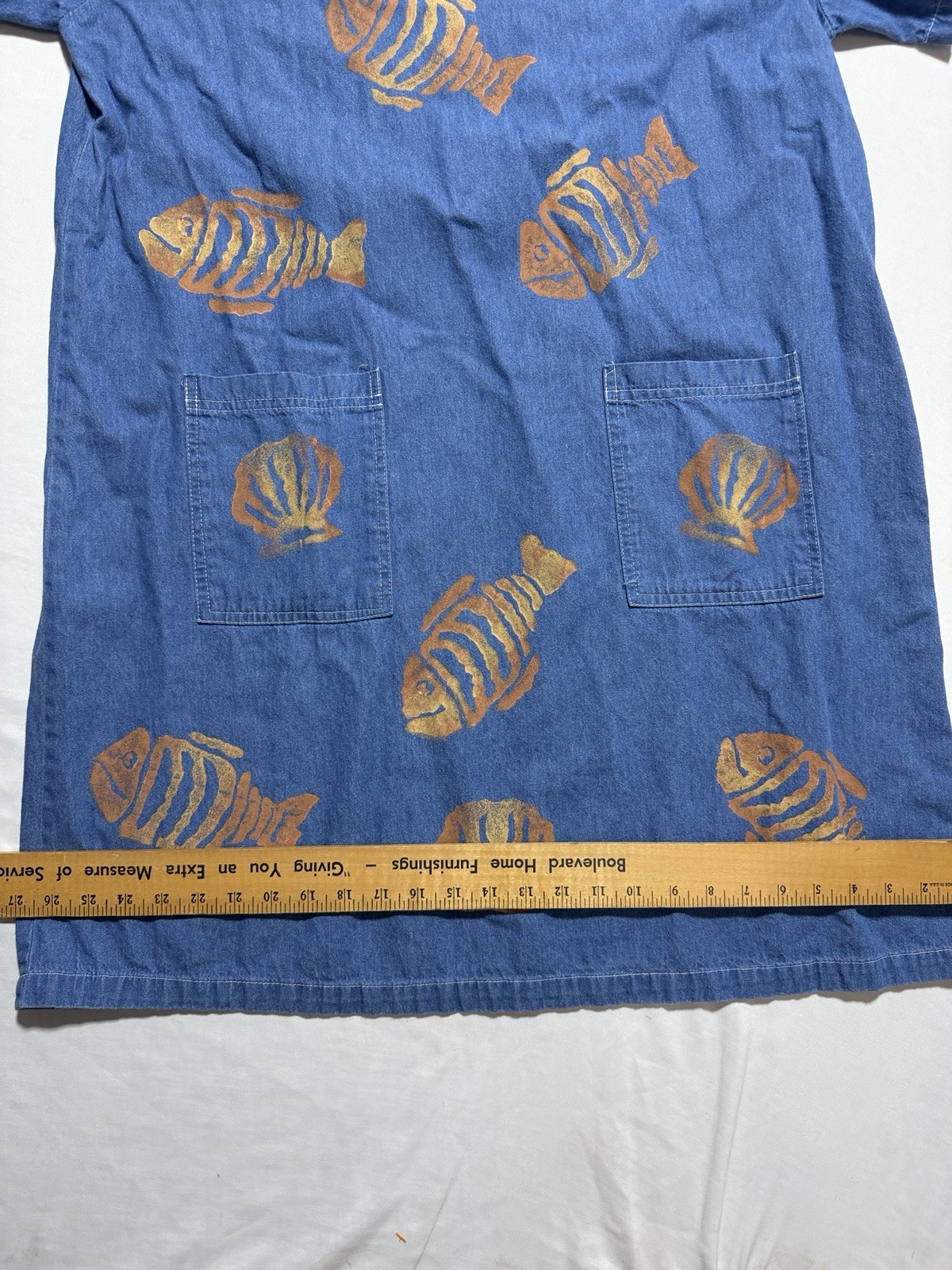 Match Point USA Vintage Denim Shift Dress XL Gold Fish Seashell Print Pockets