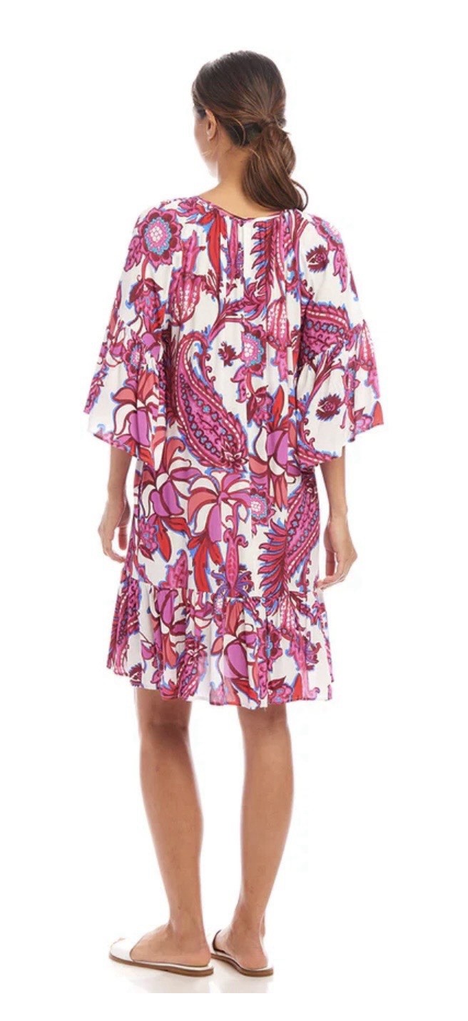 Pink Purple White Floral Knee Length Shift Dress, Flared 3/4 Sleeves Scoop Neck