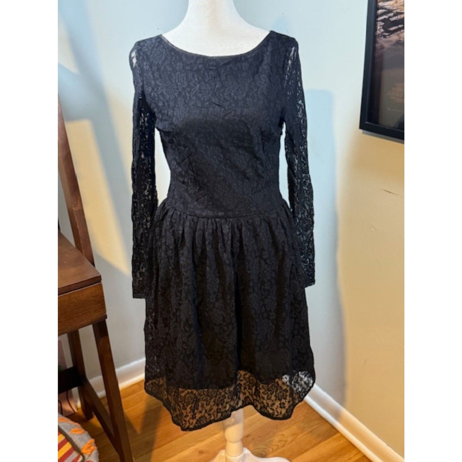 Pink Martini Black Lace Fit & Flare Dress Long Sleeve Cocktail Party S Coquette