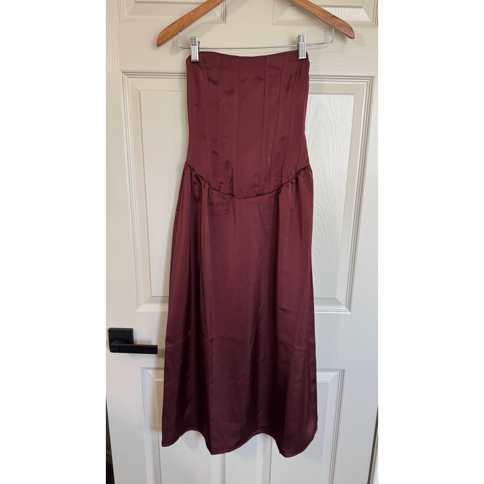 WeWoreWhat Dress Women 00 Burgundy Corset Midi Strapless Satin Boning Evening