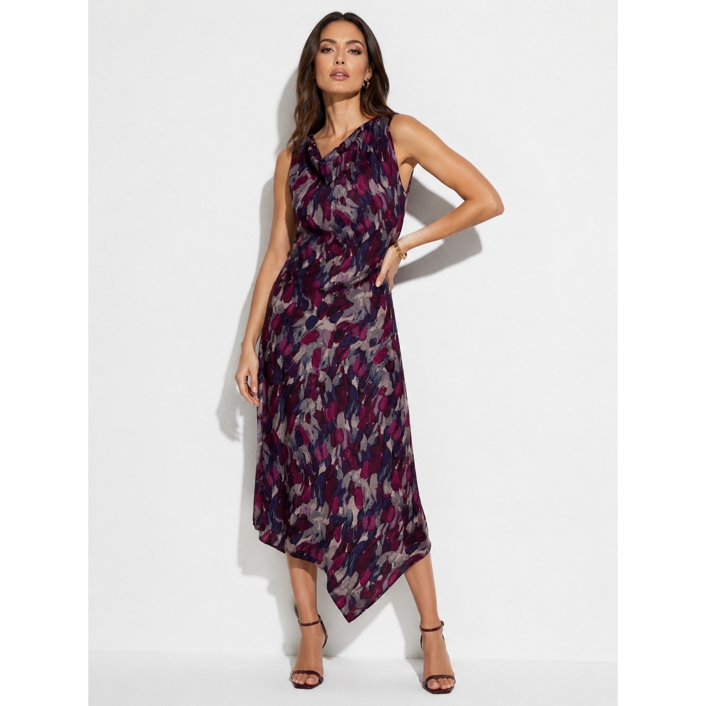 Nine Britton Plum Abstract Brushstroke Cowl Neck Asymmetrical Midi Dress LP