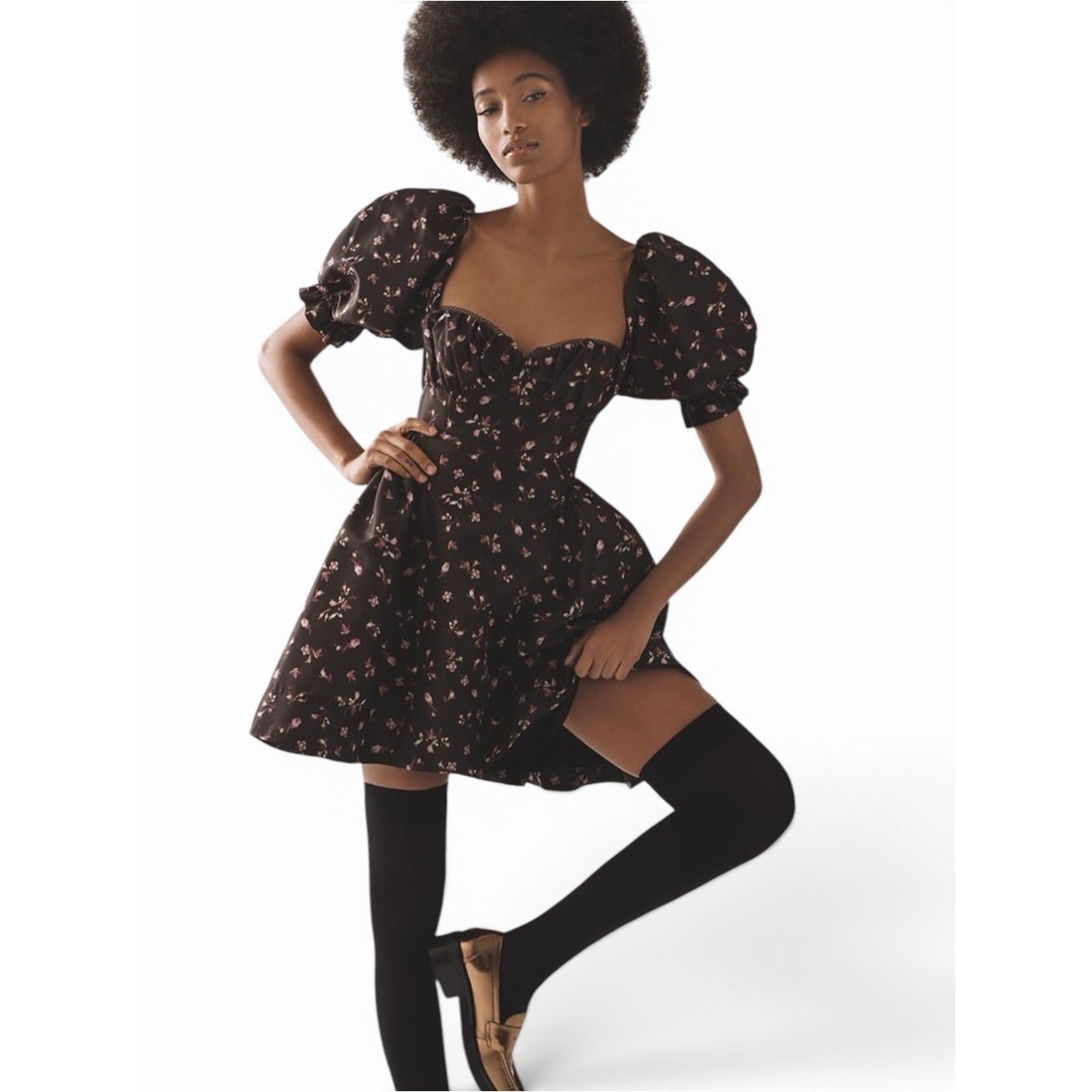 Anthropologie x Maeve Black Floral Puff-Sleeve Mini Dress