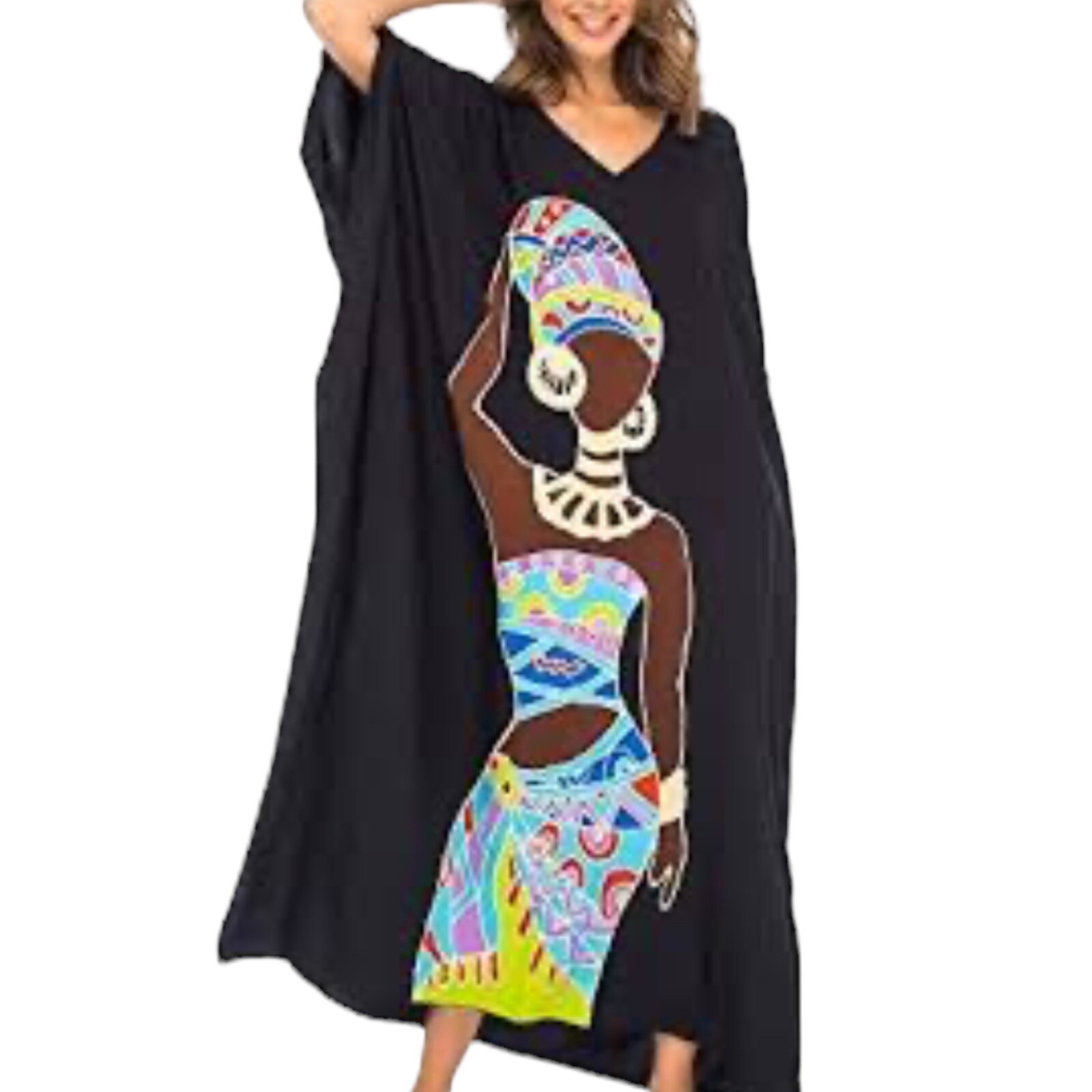 Seven Islands Muumuu Dress Caftan Kimono Black African Theme One Size M L XL XXL