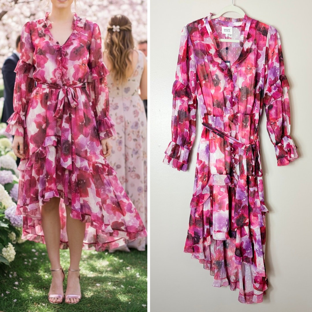 MARCHESA ROSA DRESS 12 PINK WEDDING GUEST FLORAL ASYMMETRIC MAXI SPRING FORMAL