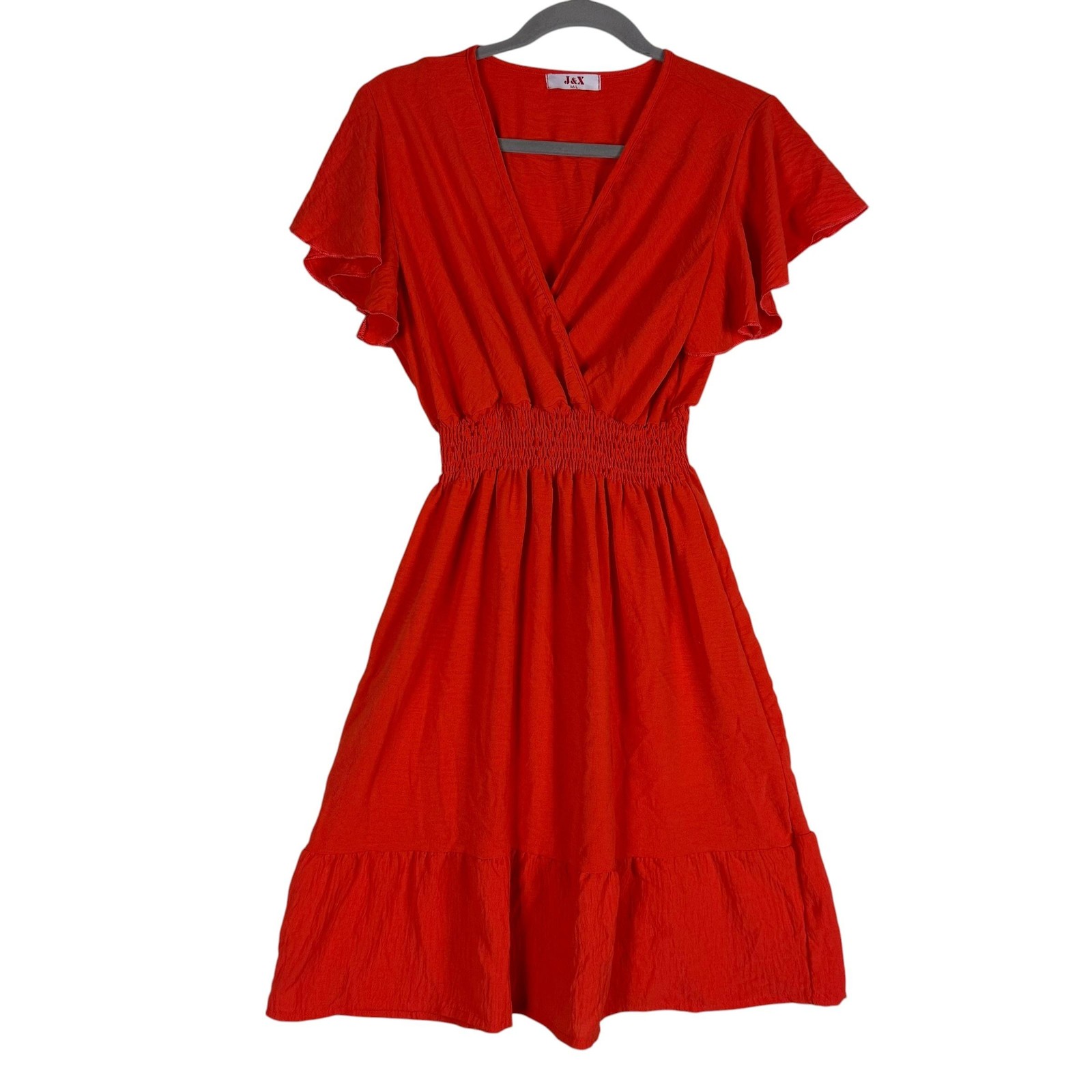 J&X Dress Womens M/L Red Wrap Smocked Fit & Flare Flutter Sleeve Knee Sundress
