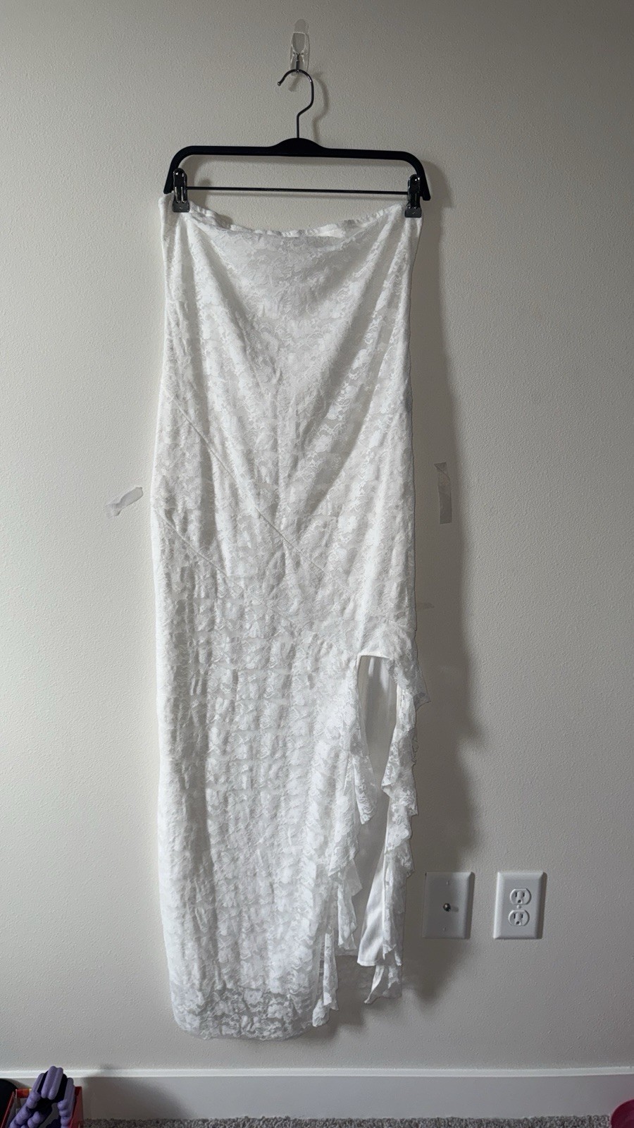 SheIn Women’s White Strapless Lace Maxi Dress Ruffle Hi-Low Hem L
