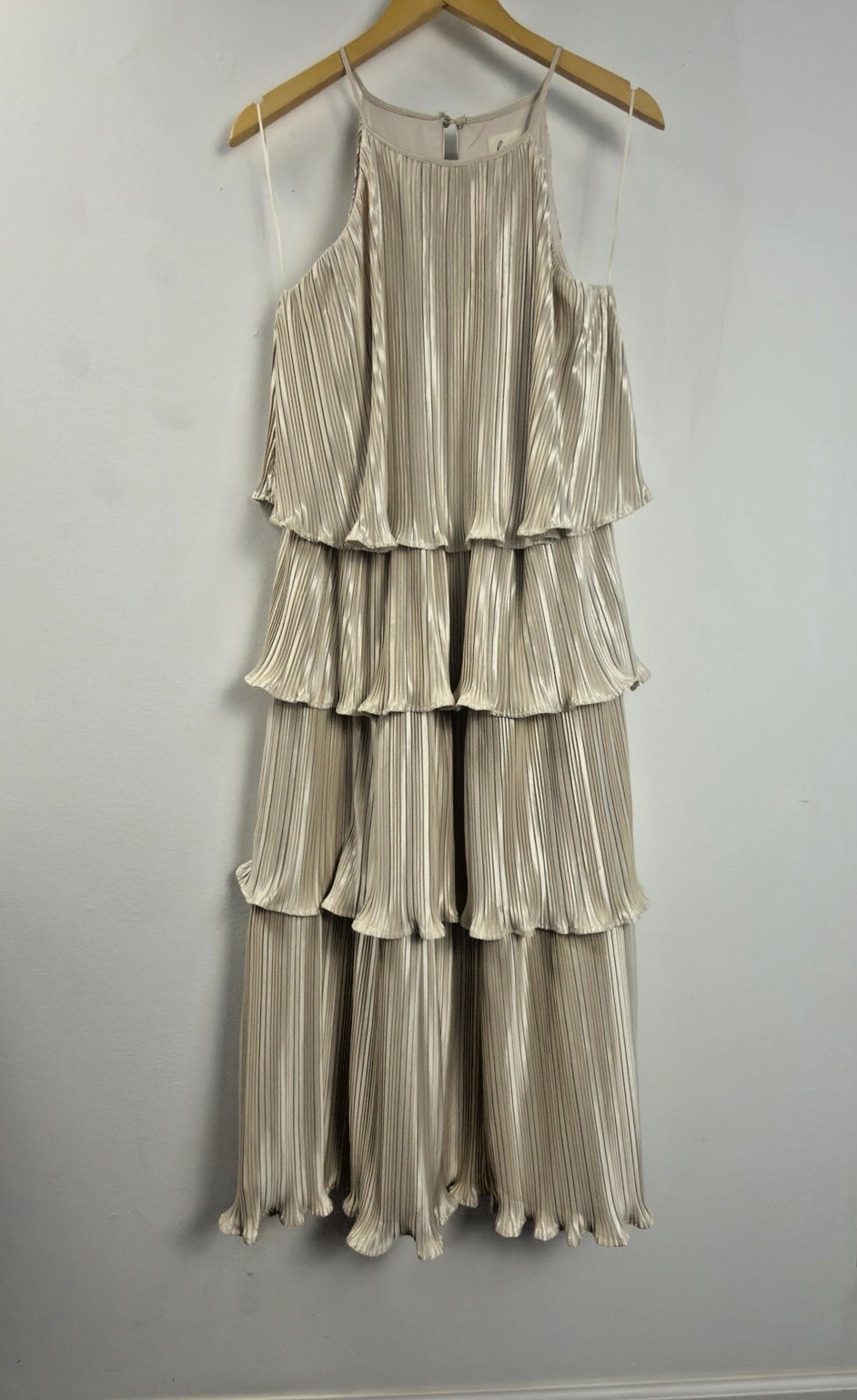 Lena Pleated Tiered Midi Dress Gold Satin Accordion Ruffle Medium Party Cocktail