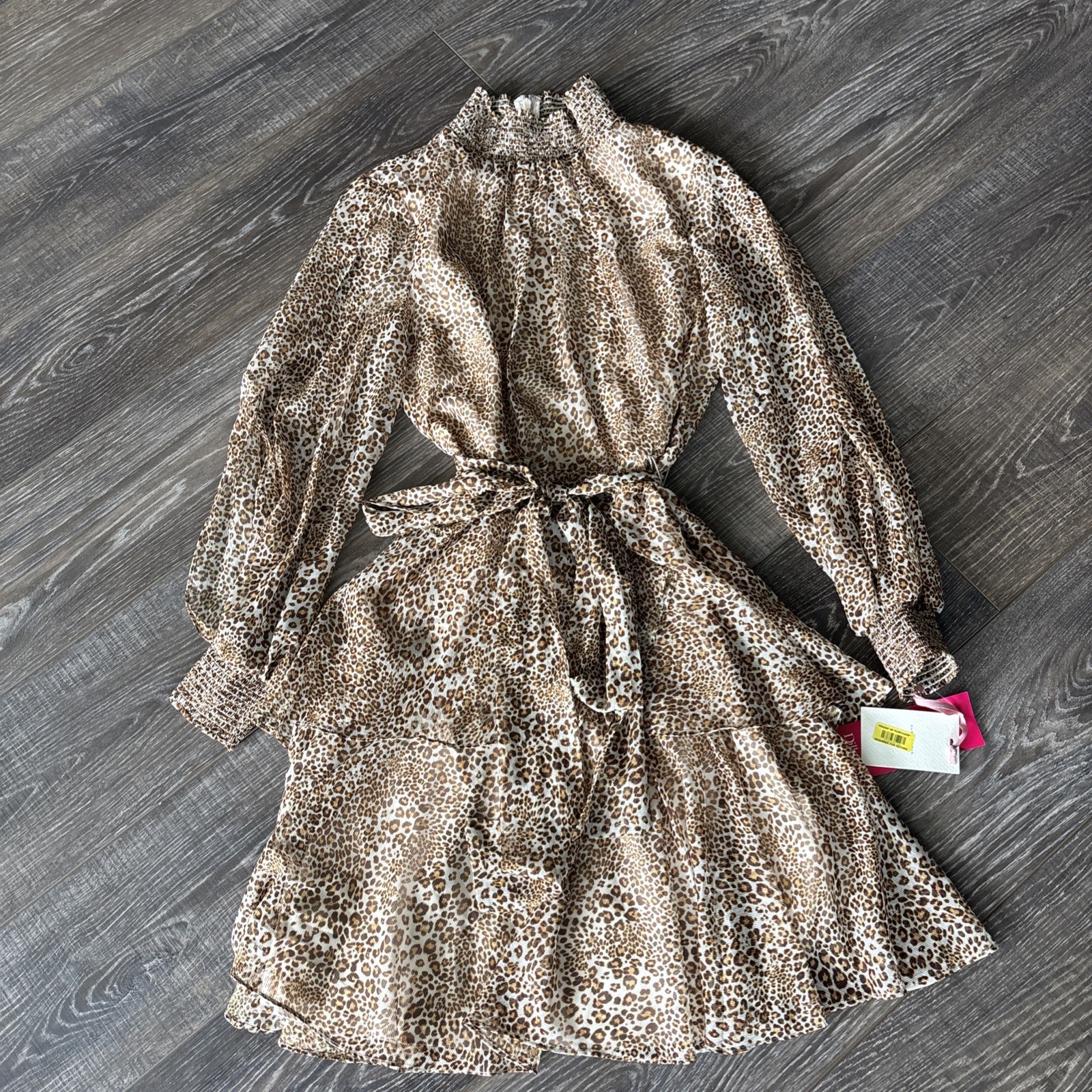 NWT Women’s Alex Marie Size 8 Leopard Print Smocked High Neck Long Sleeve Dress