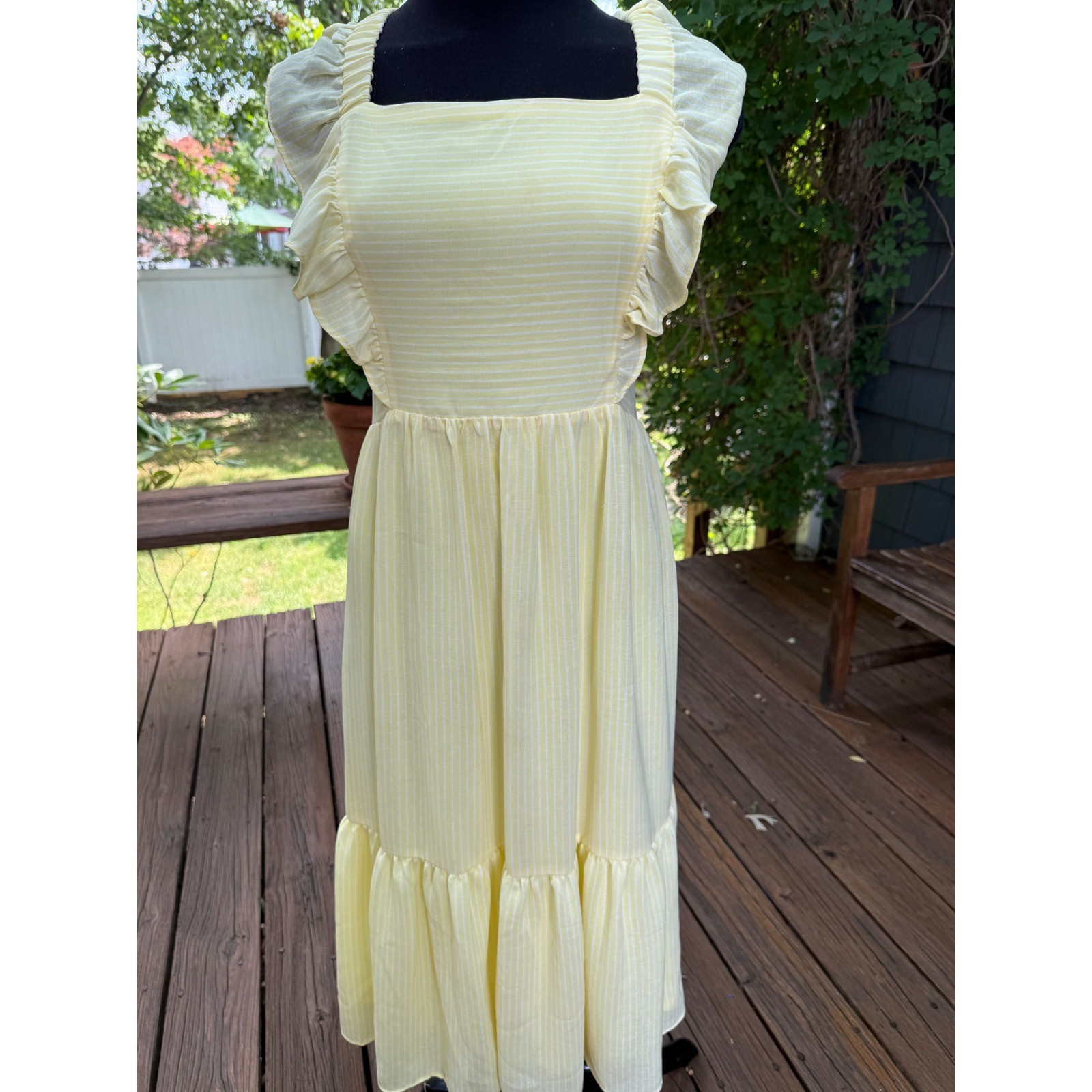Yellow Pinstripe Ruffle Open Back Tie Midi Dress Cottagecore Sun Dress Medium