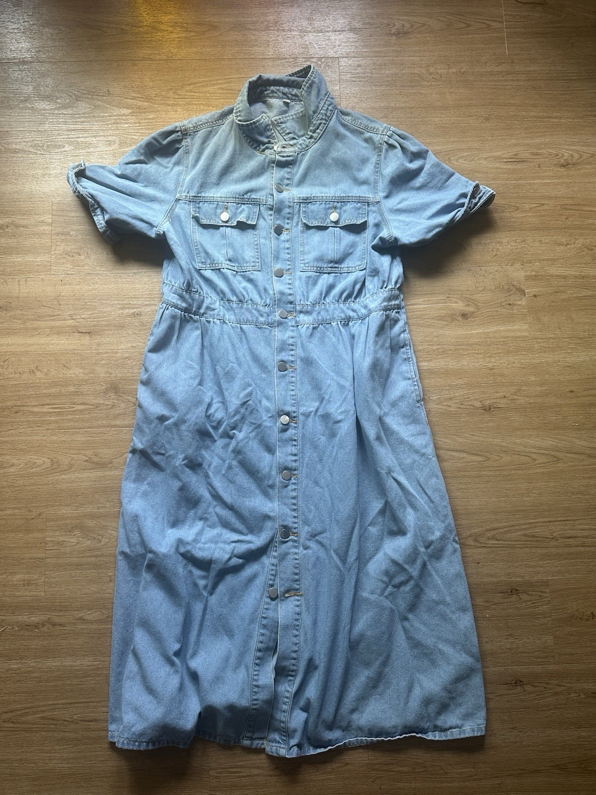 Women’s Blue Denim midi Dress Button-Front Pockets Collared Short Sleeve XL
