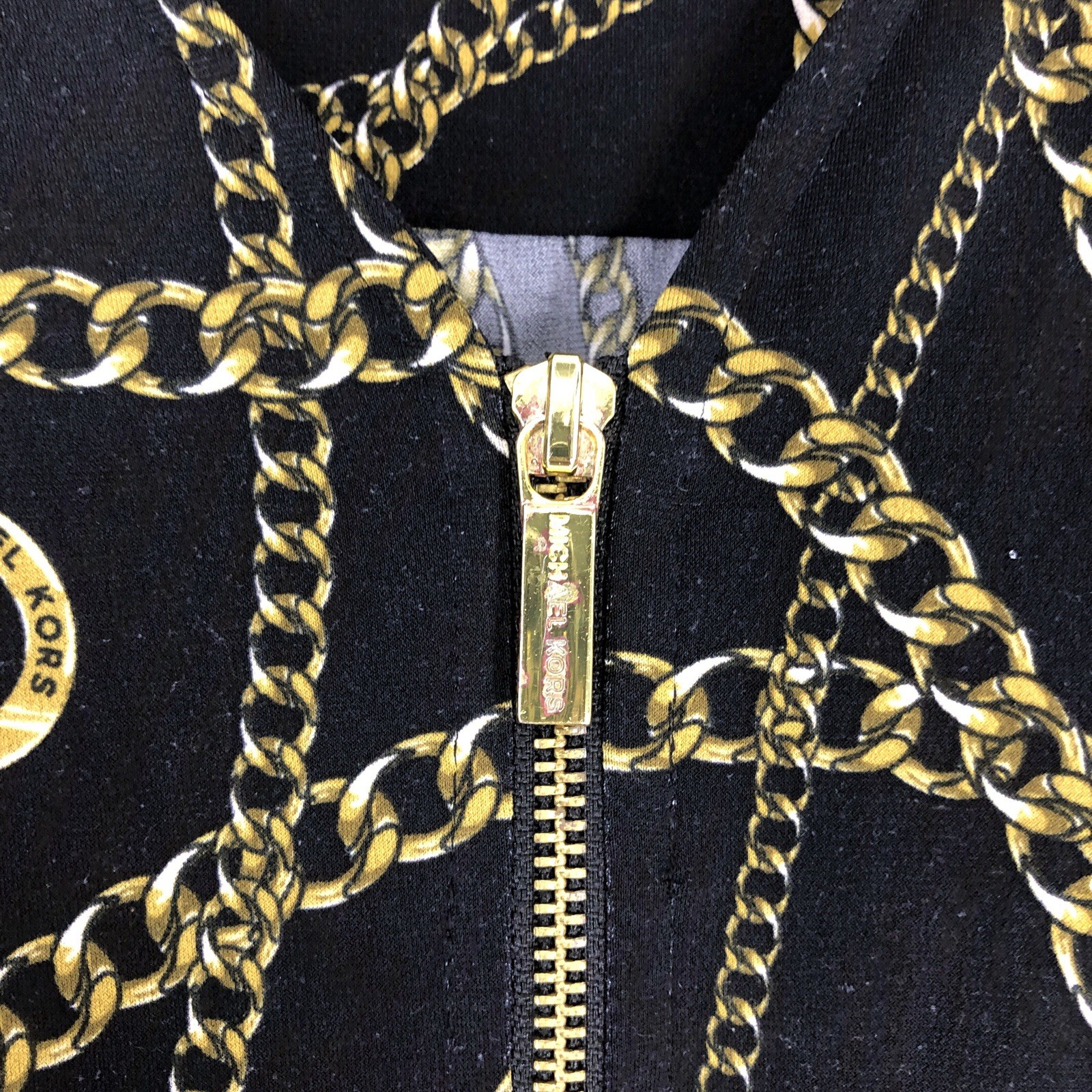 MICHAEL KORS Black/Gold Chains Print Roll Tab Sleeve Dress Size XL