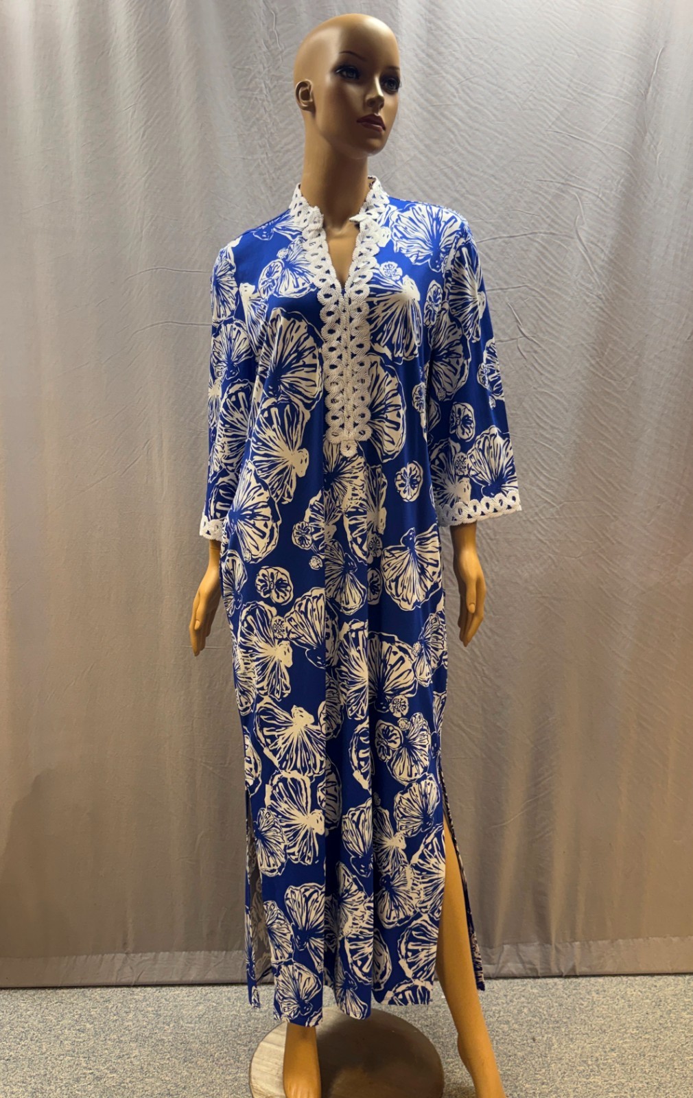 NEW CHICO’S RICH COBALT SHELL STORY MAXI CAFTAN DRESS SZ 2 US L LARGE