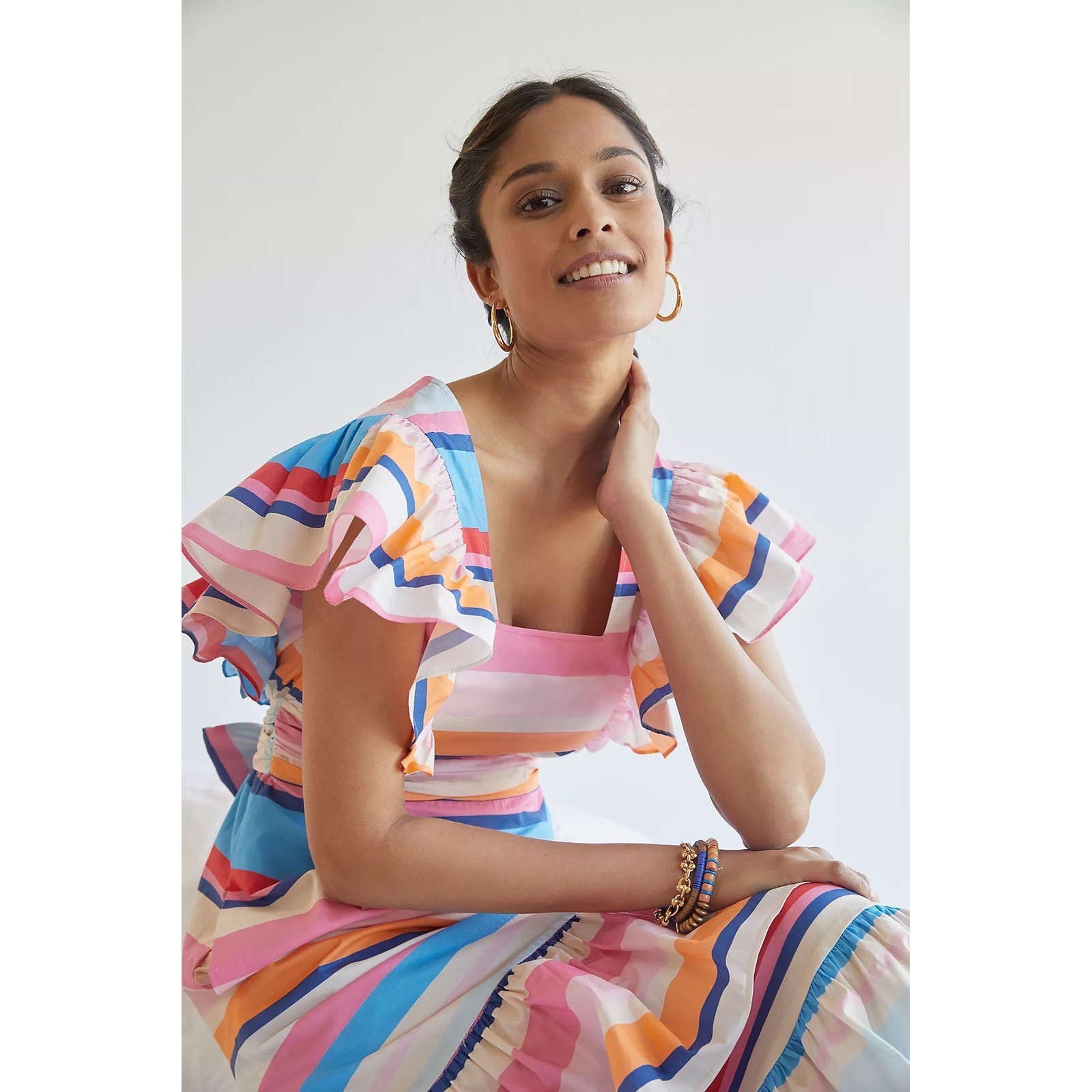 NWT Plenty Rainbow Stripe Ruffle Maxi Dress Tie Waist Flutter Sleeve Medium Chic