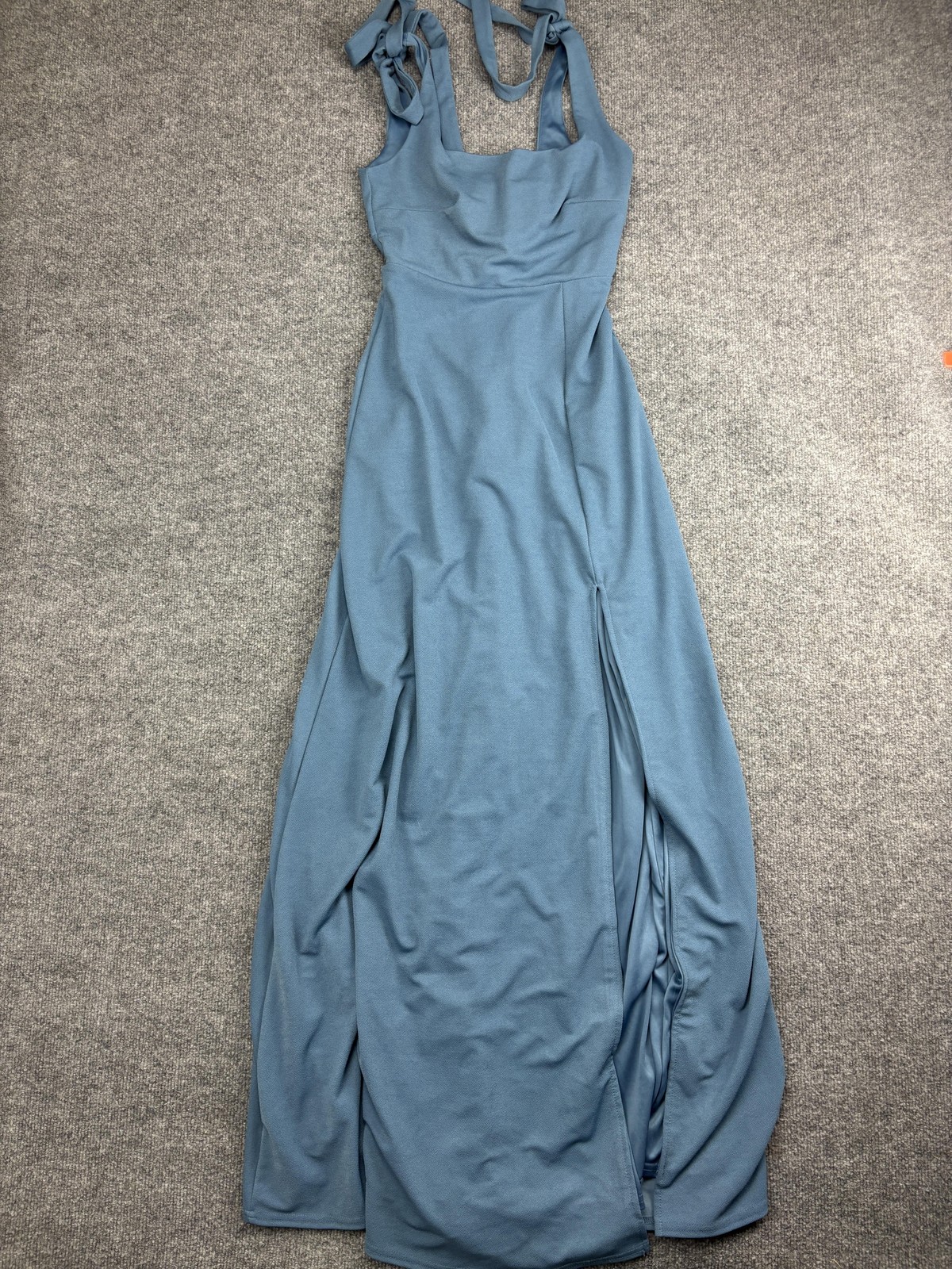 Birdy Grey Dress Womens XS Blue Maxi Bridesmaid Tie Shoulder Slit Formal
