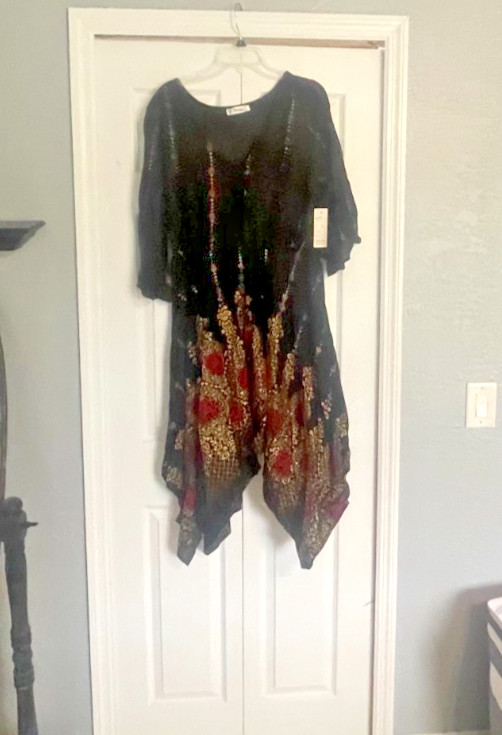 NWT Lapogee Boho High-Low Handkerchief Dress XL Black Gold Red Paisley Bell Slee