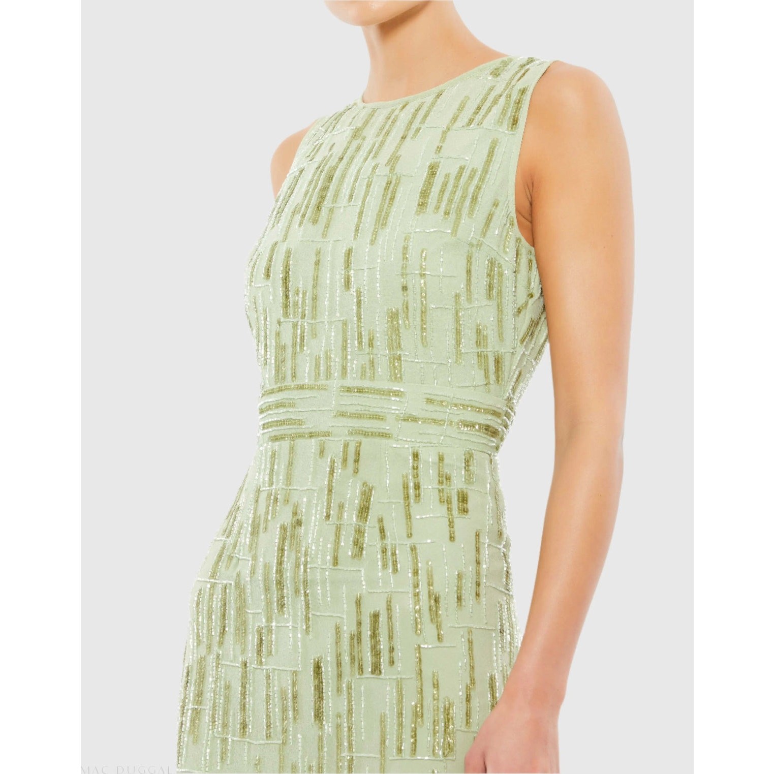 Mac Duggal Abstract Beaded Sequin 70264 Sage Sheath Sleeveless Midi Dress Sz. 8