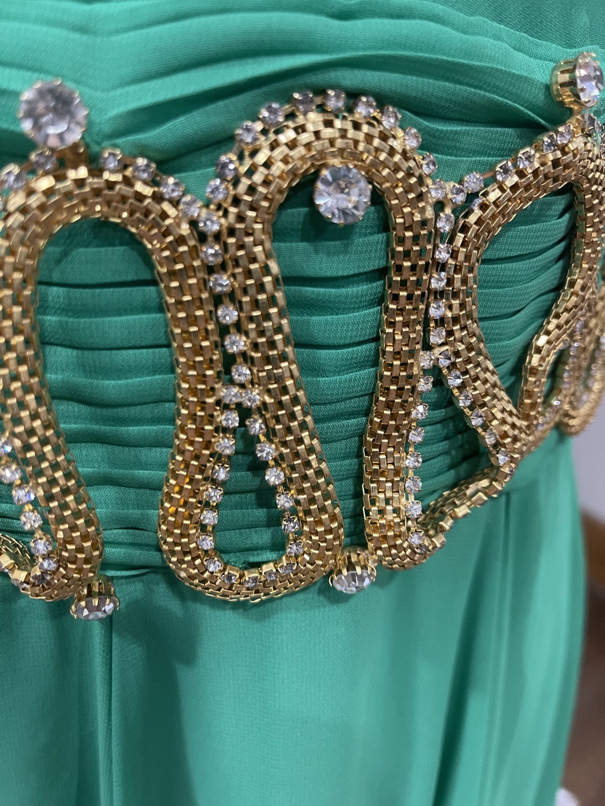 Masquerade women’s 13/14 lined formal dress green strapless back zip belted NWT
