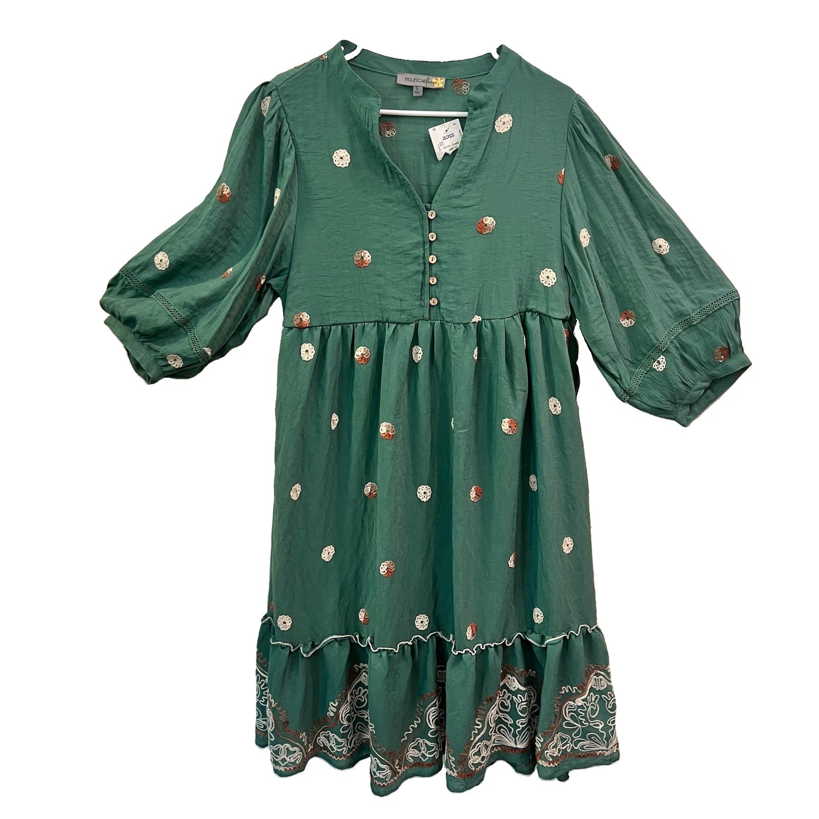 Figueroa & Flower Dress GreenTiered Embroidered Midi Women’s Large Peasant Boho