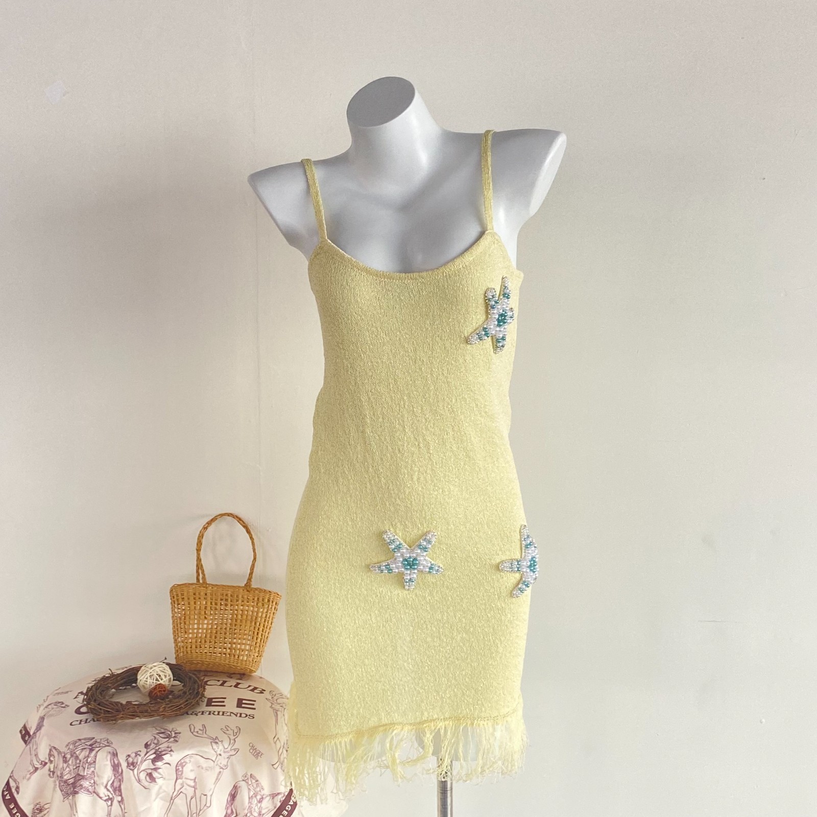 Yellow Knit Mini Dress Beaded Starfish Fringe Hem XS/S