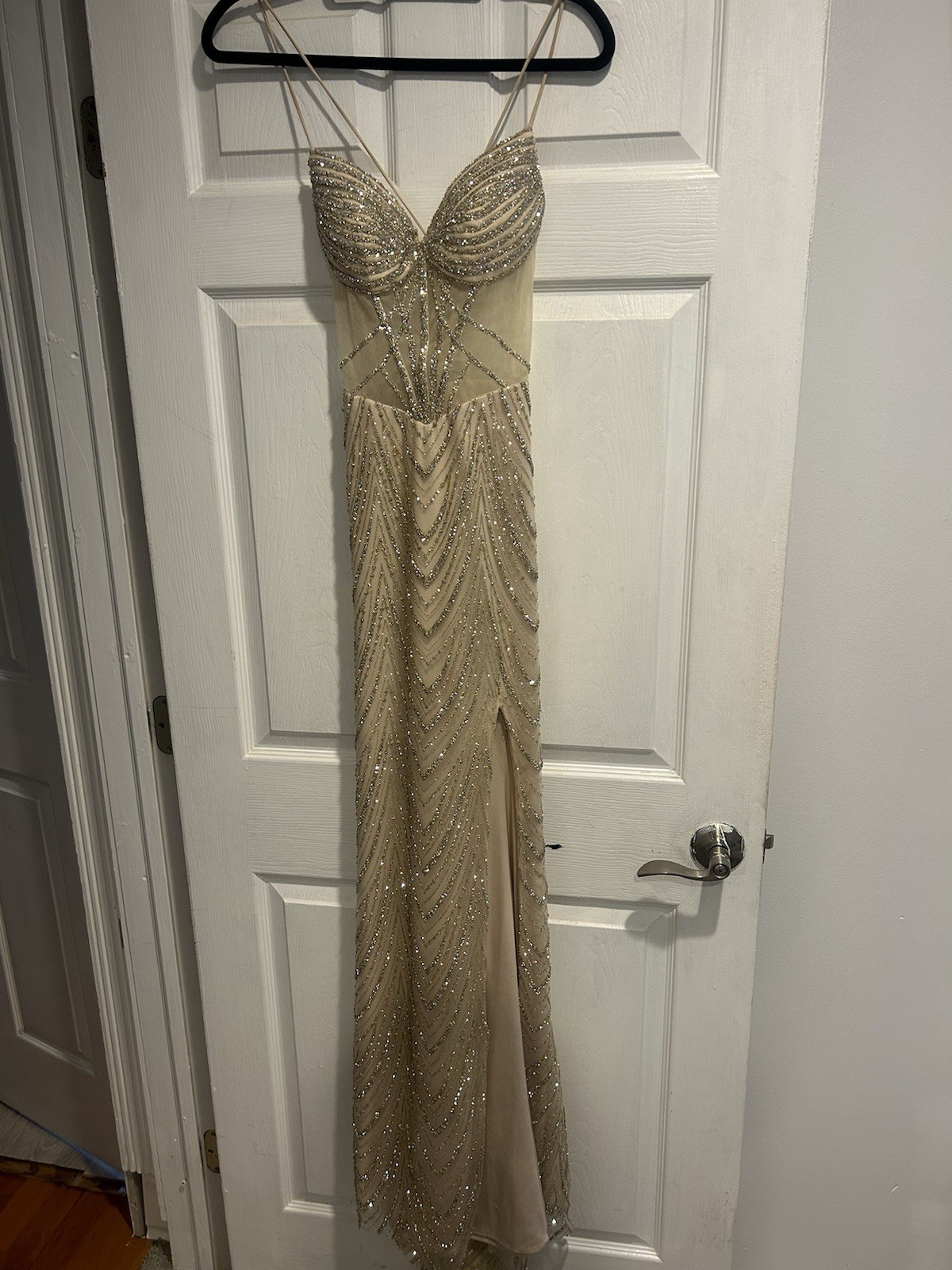 CD Champagne Gold Beaded Sequin Mesh Corset Lace-Up Long Gown Size 0