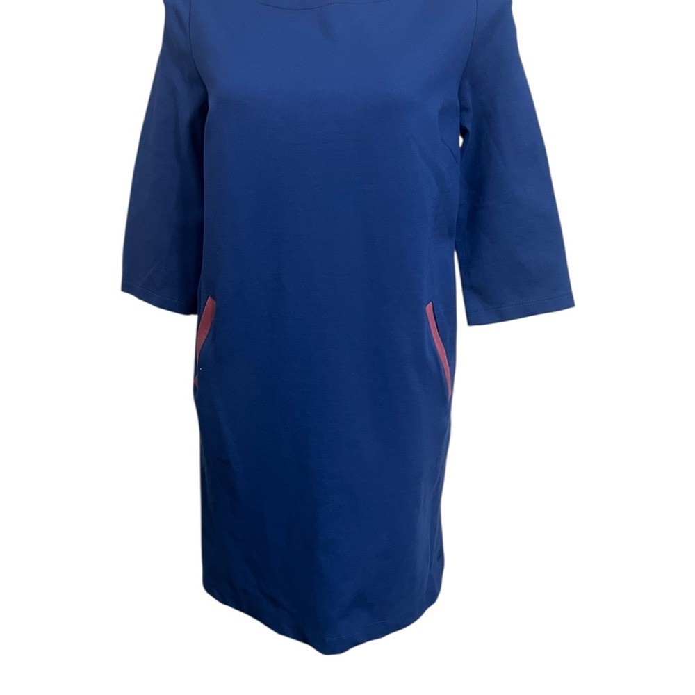 Betabrand Half Day Shift Dress Sz Med blue w/ mauve pocket trim casual office