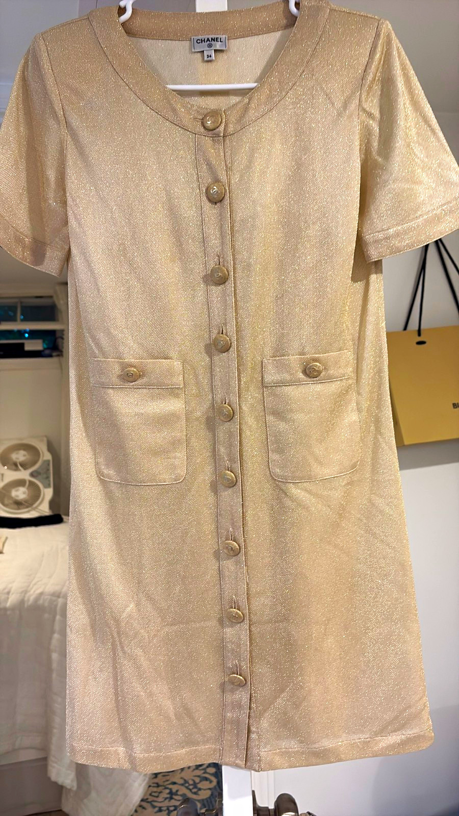 CHANEL Beige Short Sleeve Round Neck Button Front Shift Dress Pockets 34