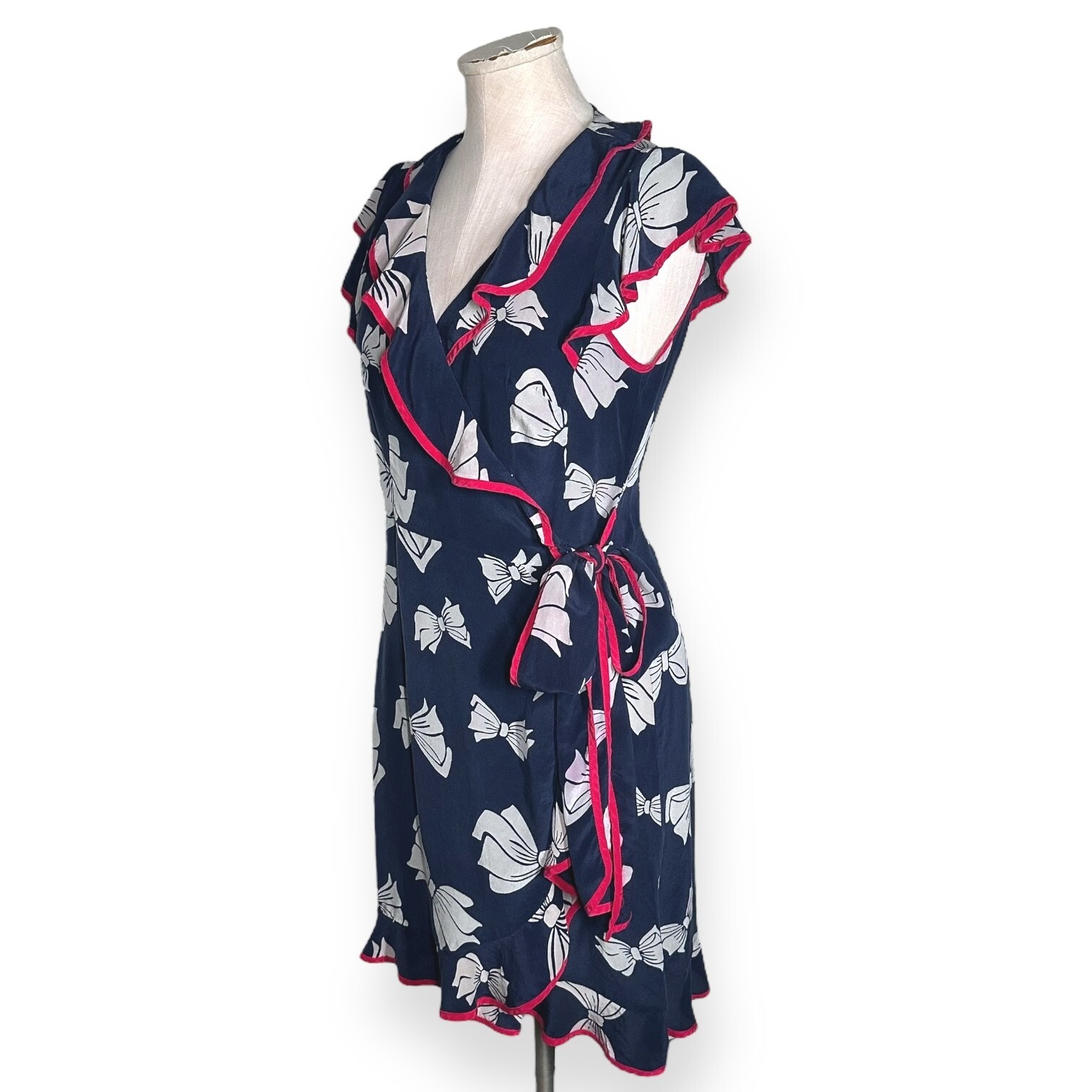 Vintage NANETTE LEPORE 100% Silk Y2K Wrap Dress Bow Print Blue Cascade Coquette
