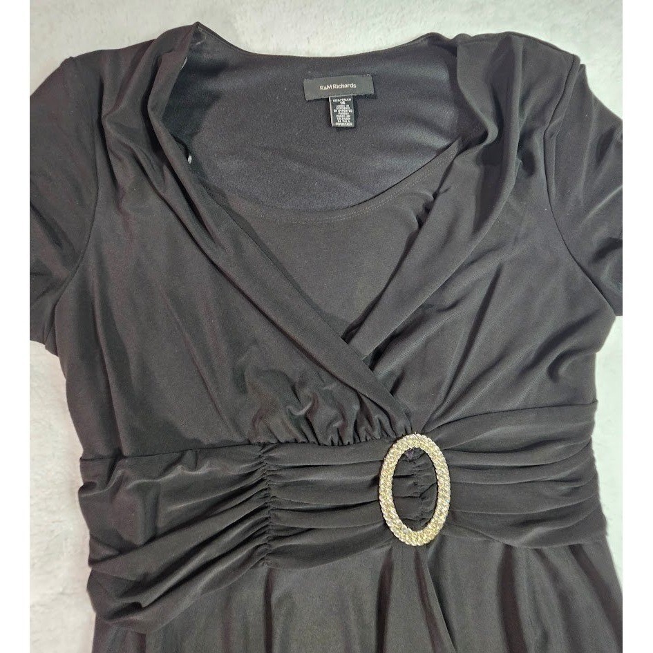 R&M Richards Womens Black Faux Wrap Rhinestone Buckle Cocktail Dress Size 14