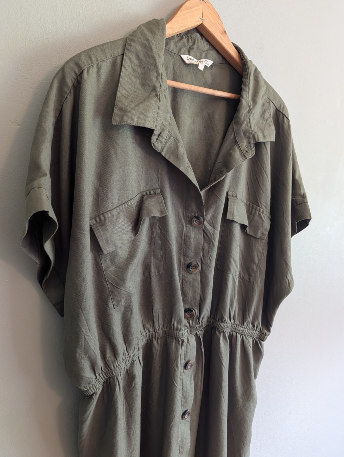 3XL Utility Shirt Dress Button Front Military Pocket Flaps Safari Olive Khaki