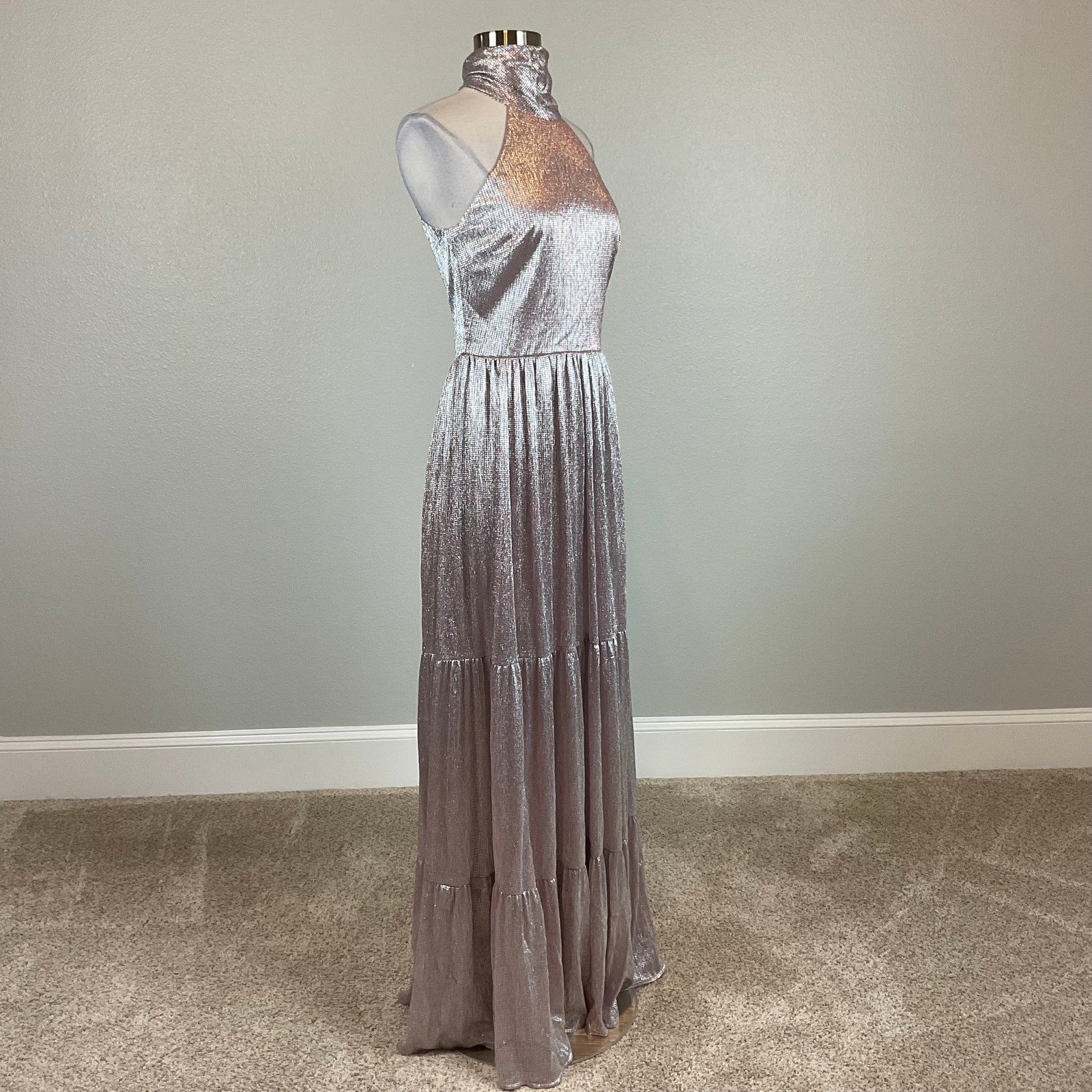 AQUA Pink and Silver Evening Gown Metallic A-Line Halter Maxi Dress Size 10