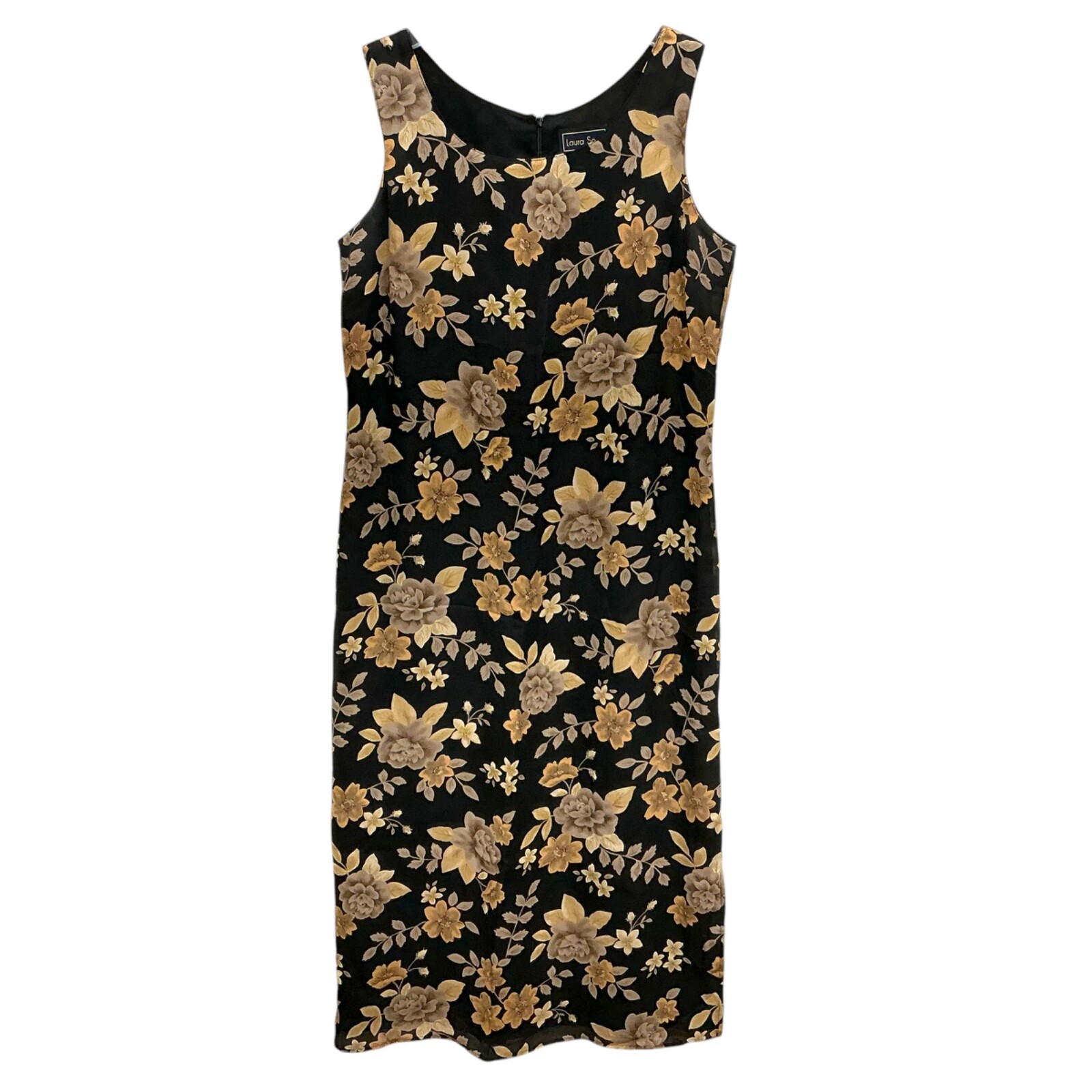 Laura Scott Dress Full Long Sleeveless Black Pencil Sz L tan Beige Floral lined