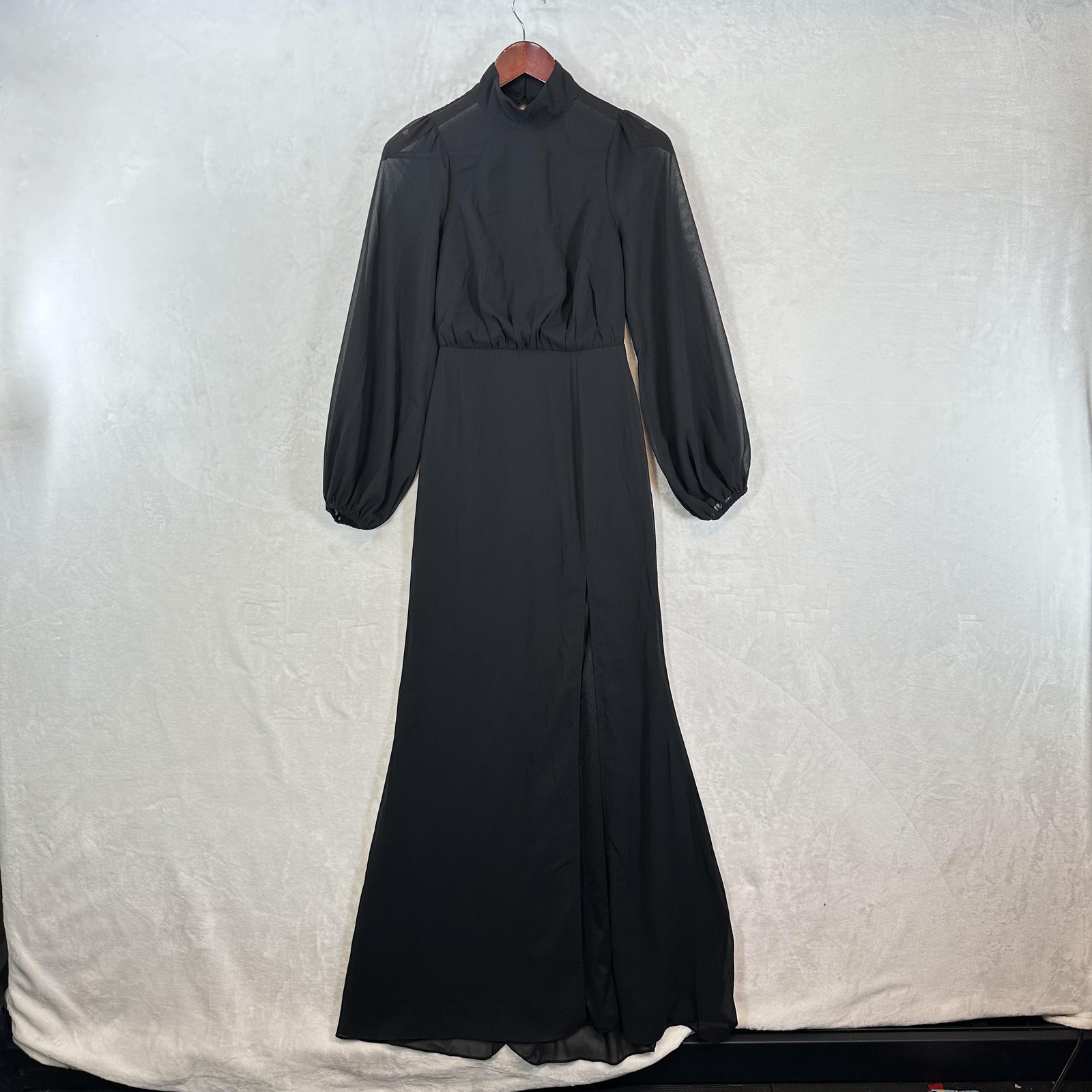 Lulus Dress Womens XS Black Chiffon Mock Neck Long Sleeve Open Back Maxi Gown