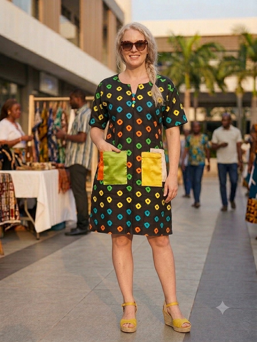 Women’s Black/Multicolor Geometric Shift Dress Knee Length Pockets S-XL