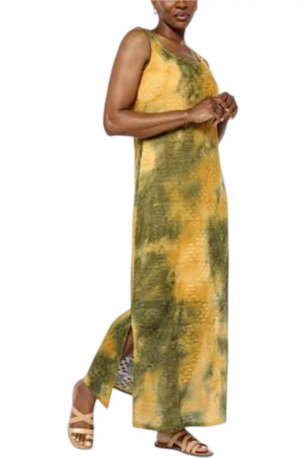 Nina Leonard Women’s Sleeveless Crochet Knit Dress Olive/Gold Multi