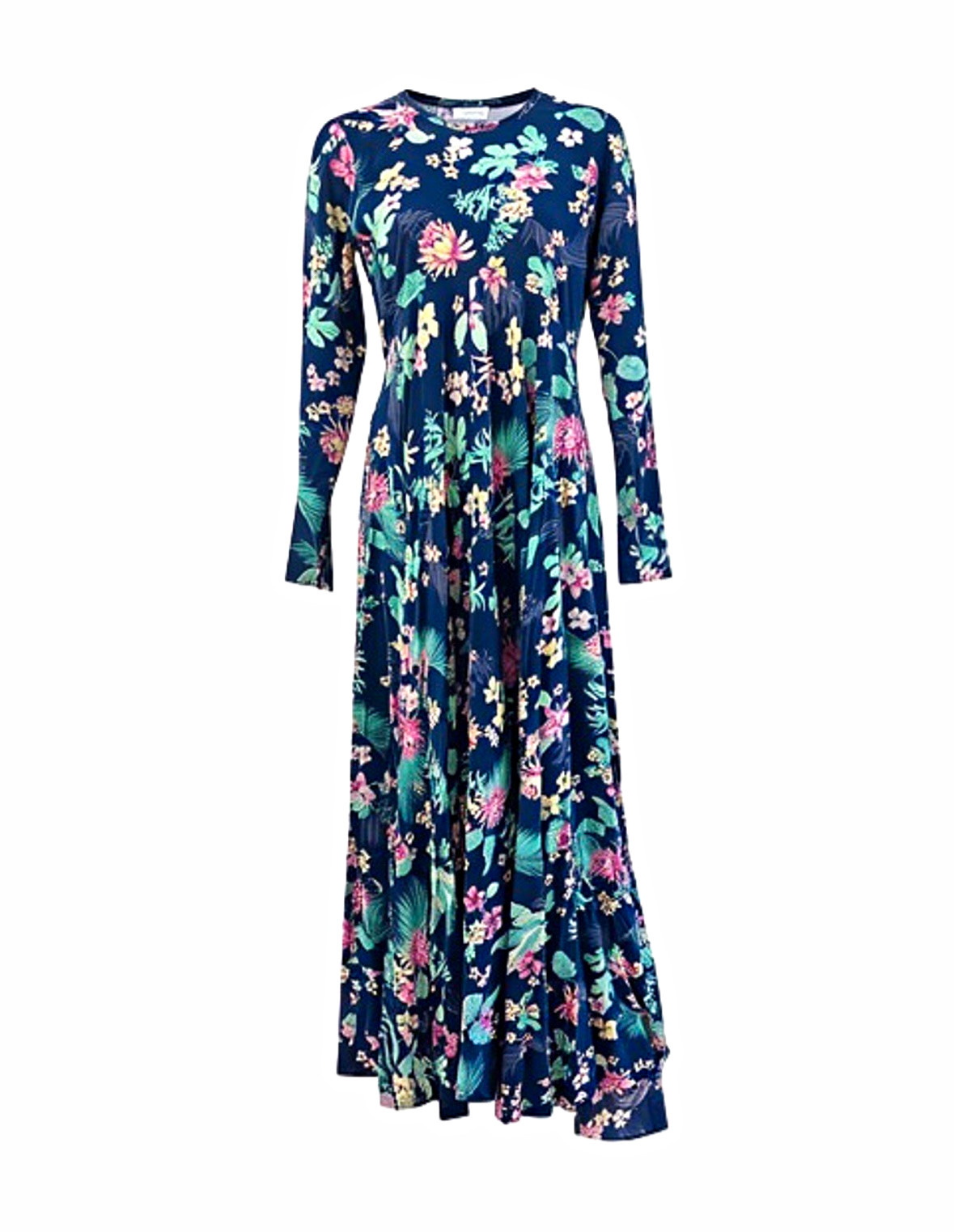 Women’s Navy Floral Maxi Dress Long Sleeve Round Neck Button Back