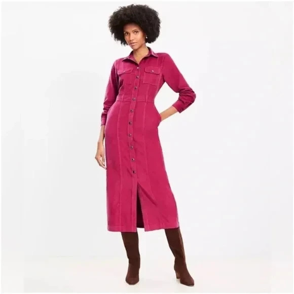 Ann Taylor LOFT Magenta Haze Corduroy Midi Pocket Shirt Dress sz 8 NEW NWT