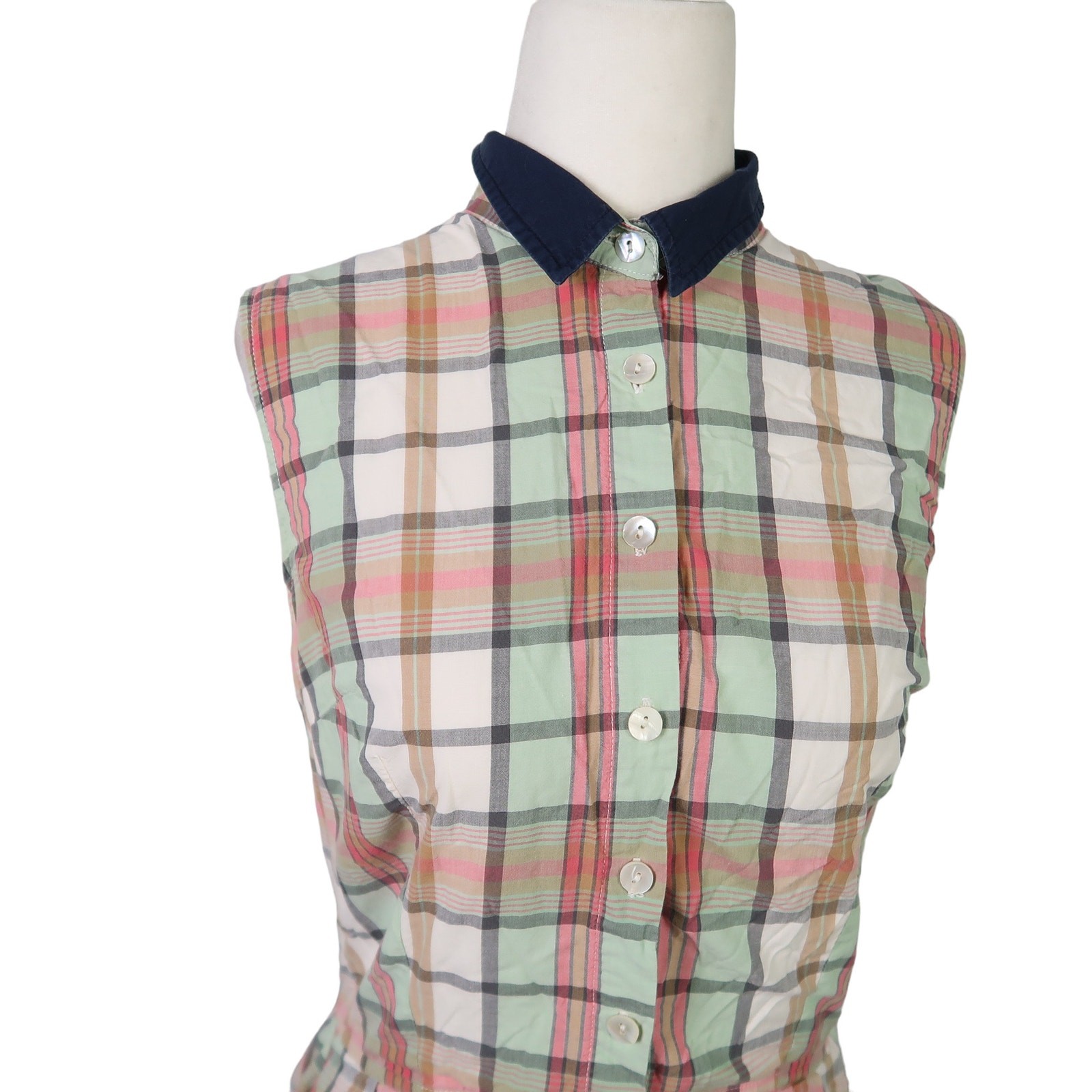 Eshakti cream red green plaid cotton midi shirt dress S